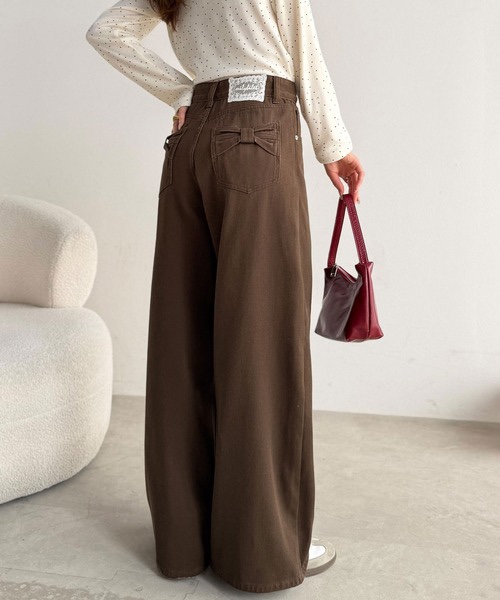 3色•S-LL•後口袋蝴蝶結闊腳牛仔褲