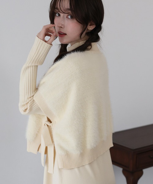 11色・M-LONG・側邊綁帶斗篷背心+螺紋針織長洋裝套裝
