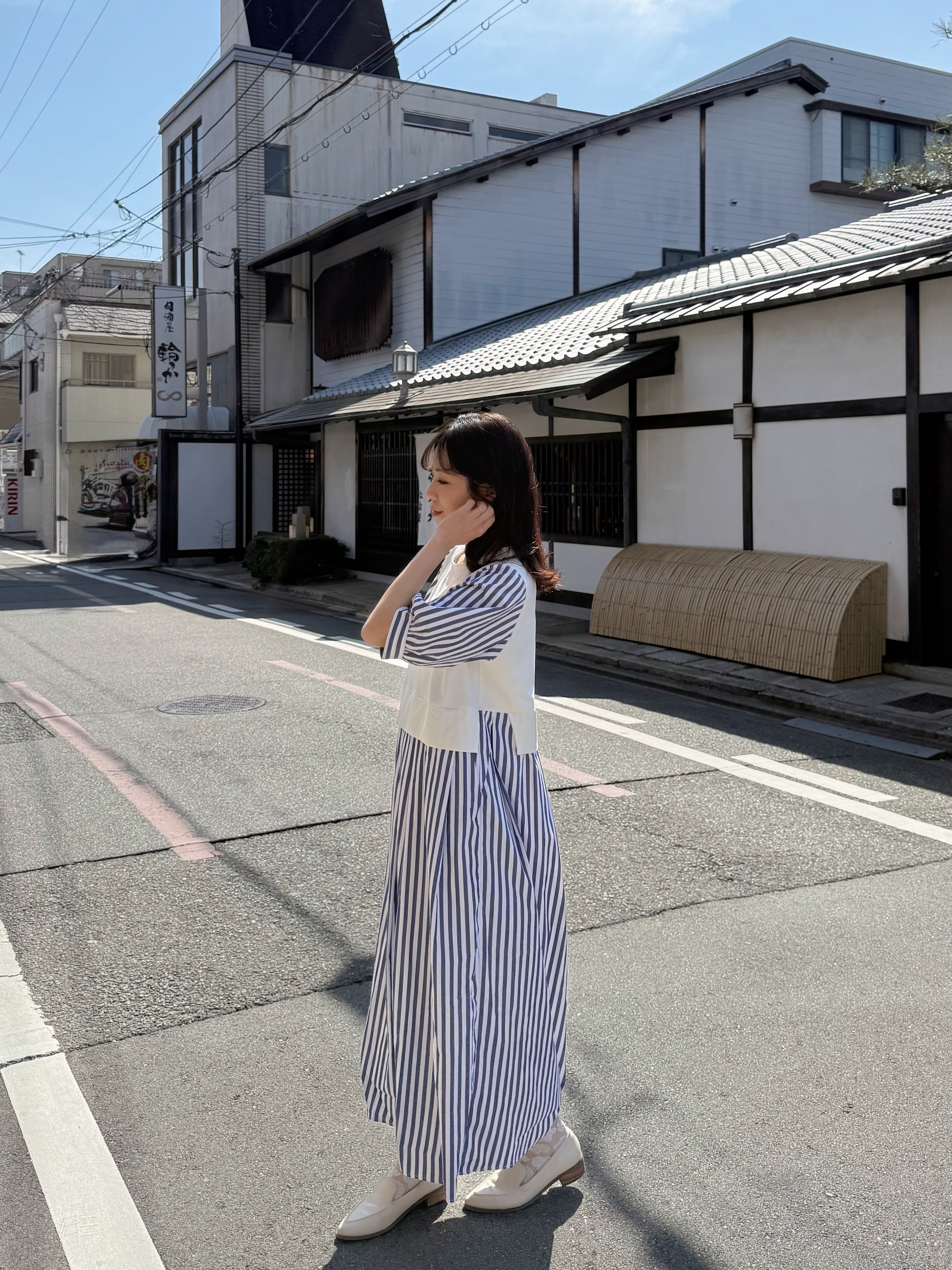 2色•5分袖直條紋拼色布連身裙