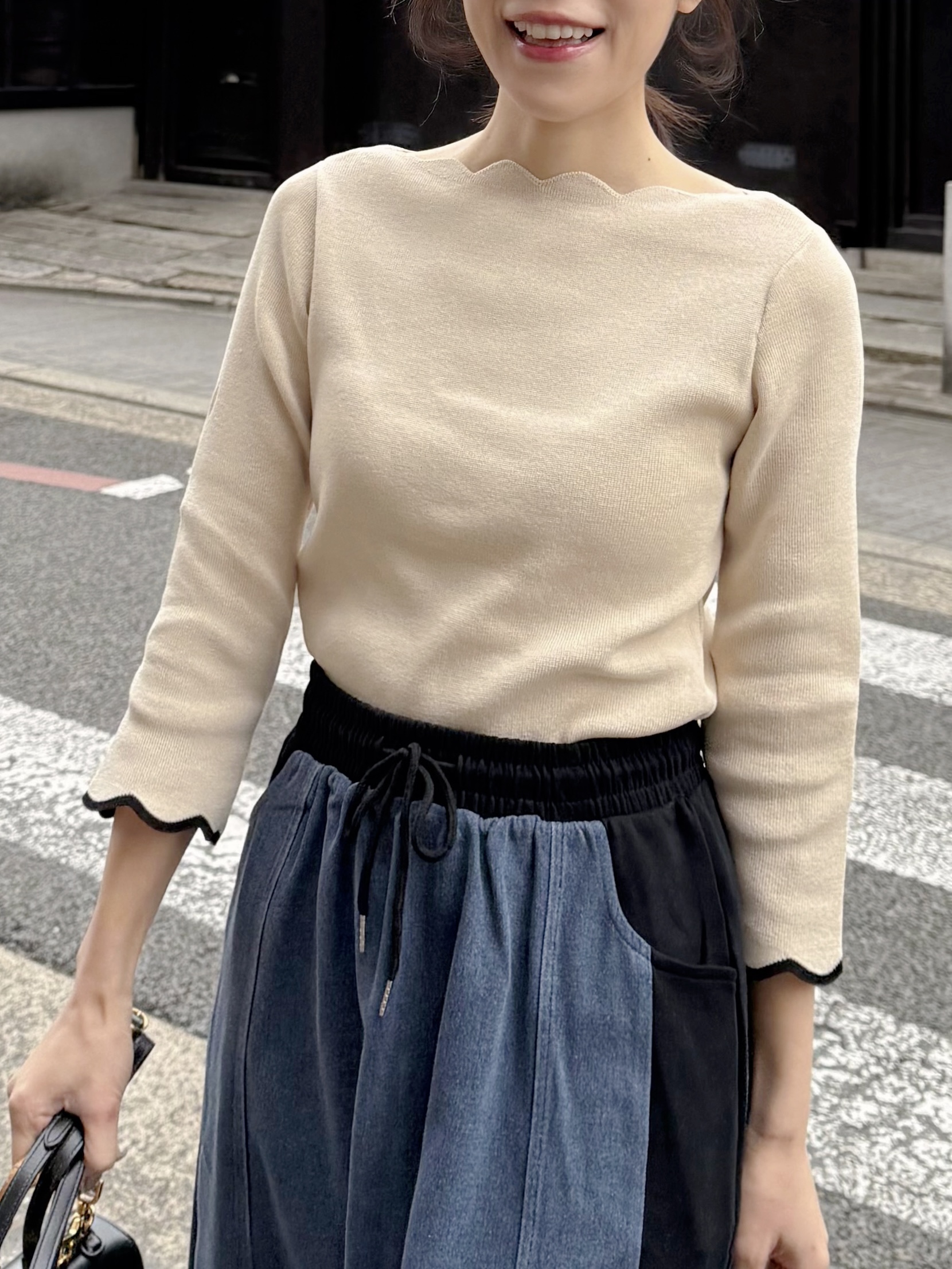 2色•拼色7分袖波浪邊針織上衣