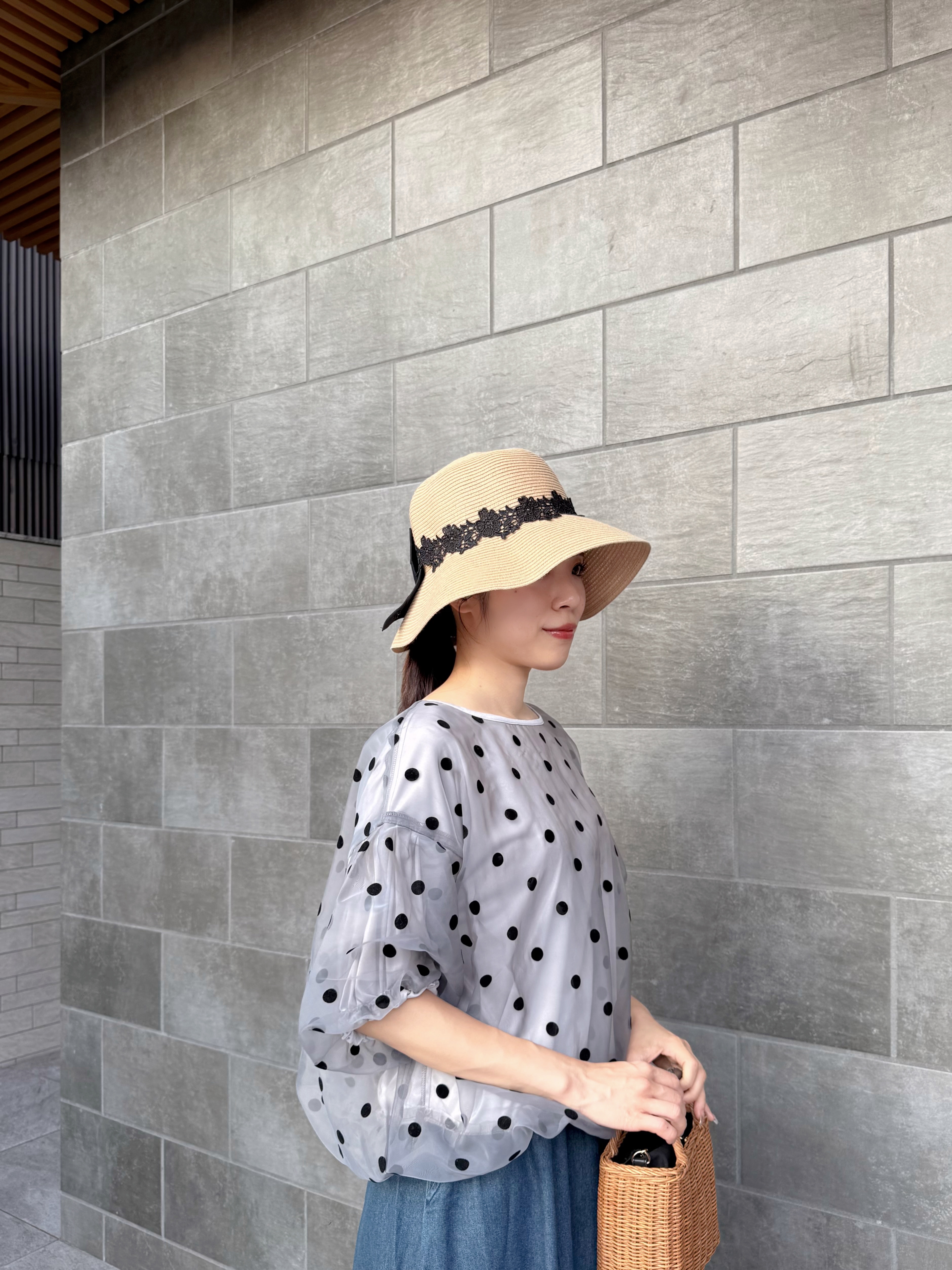 泡泡袖波點雪紡上衣