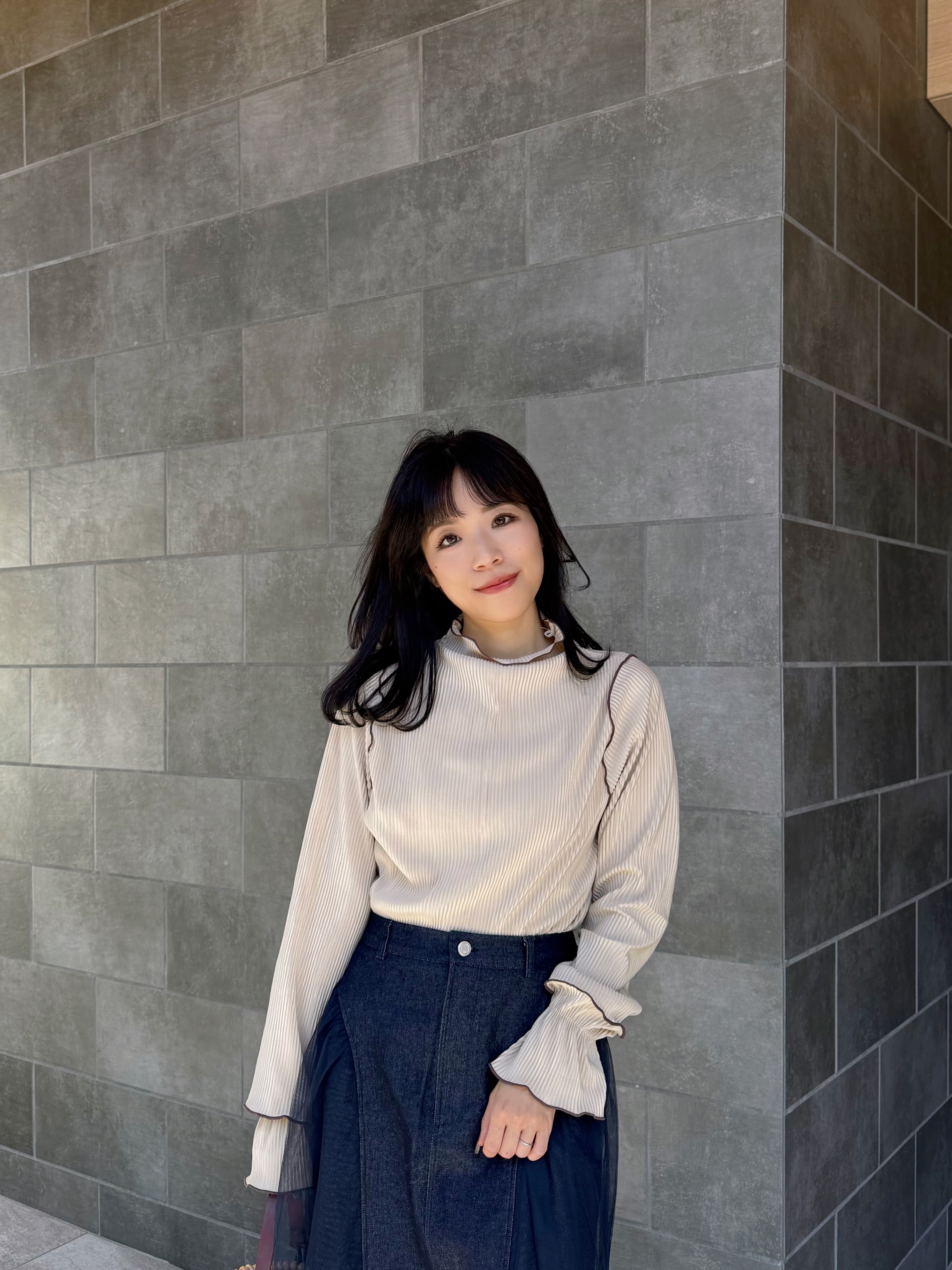 6色•2Way前後拼色百褶2層手袖上衣