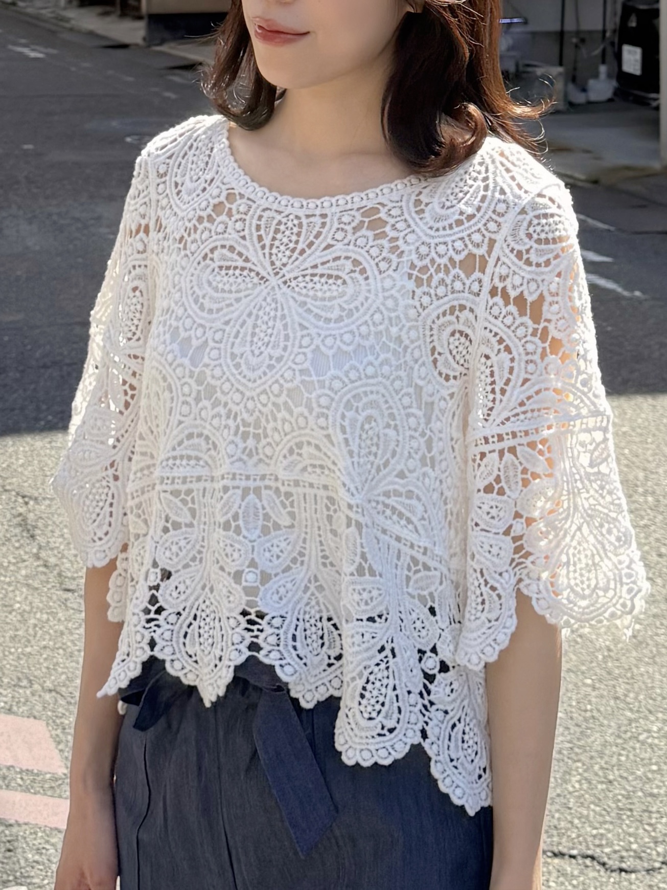 5分傘袖鏤空上衣