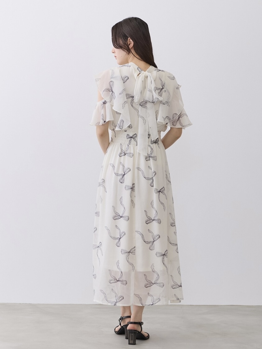 蝴蝶結印花雪紡連身裙