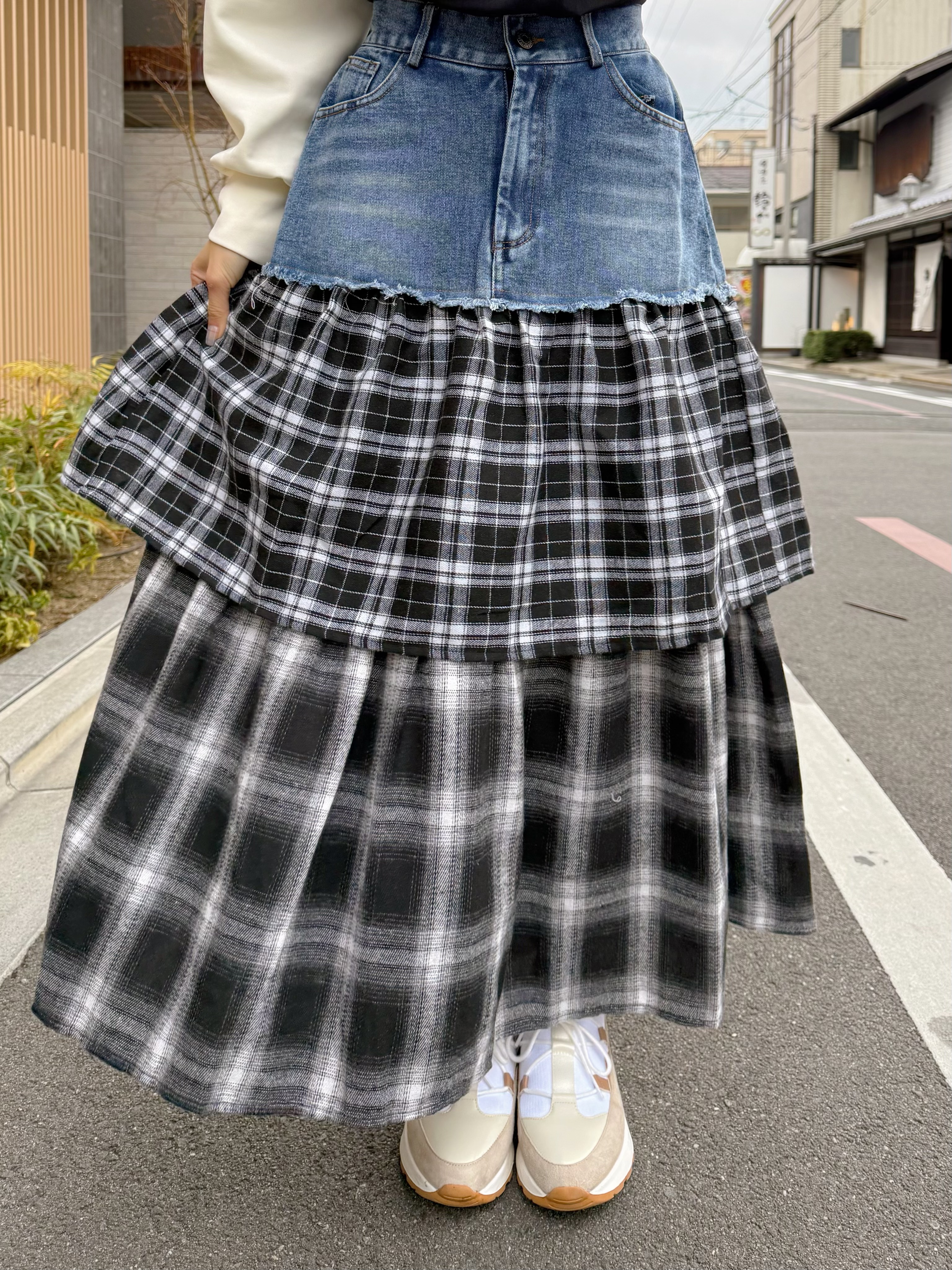黑白格仔層次牛仔裙