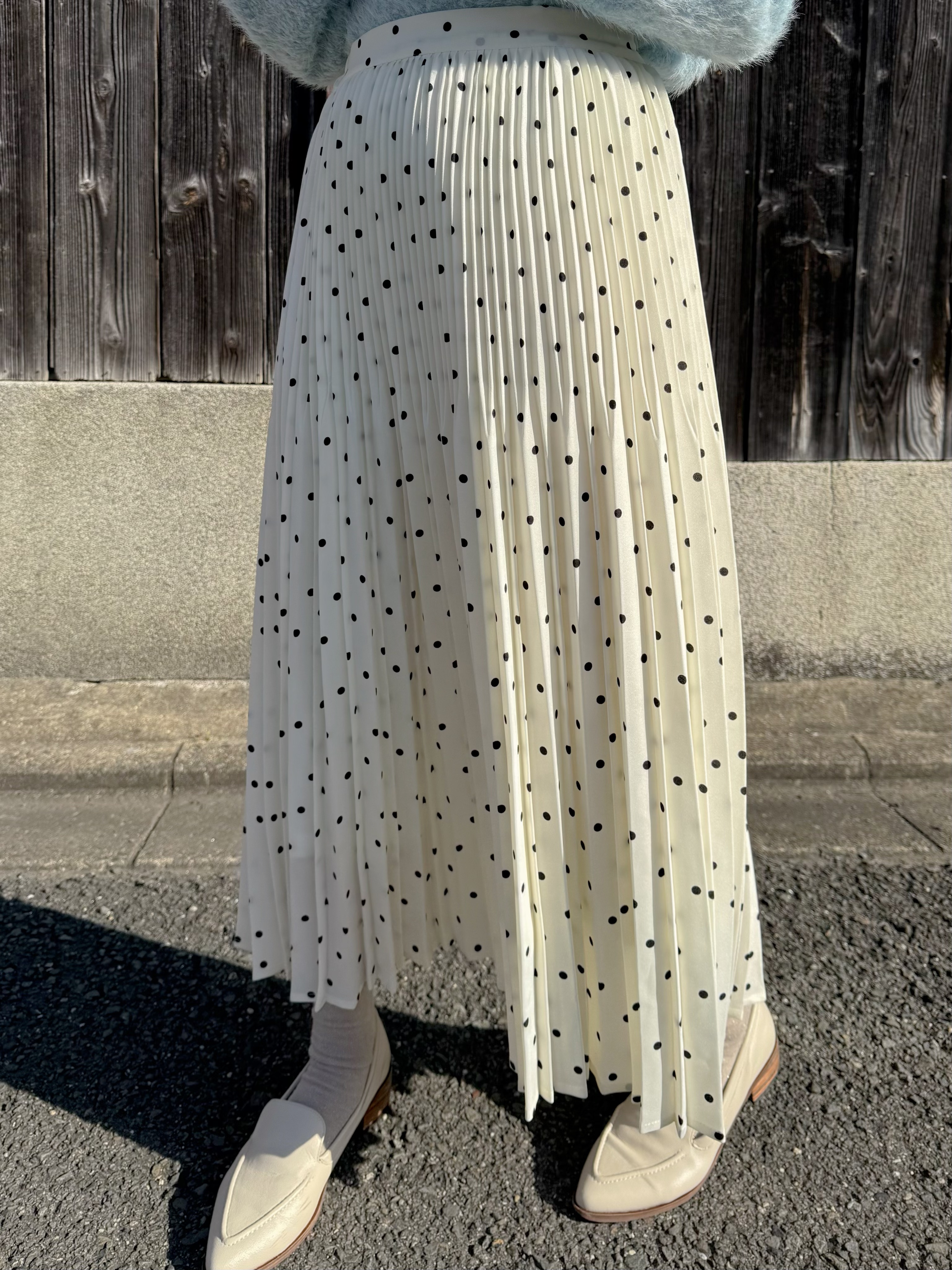 2色•百褶波點雪紡長款半身裙