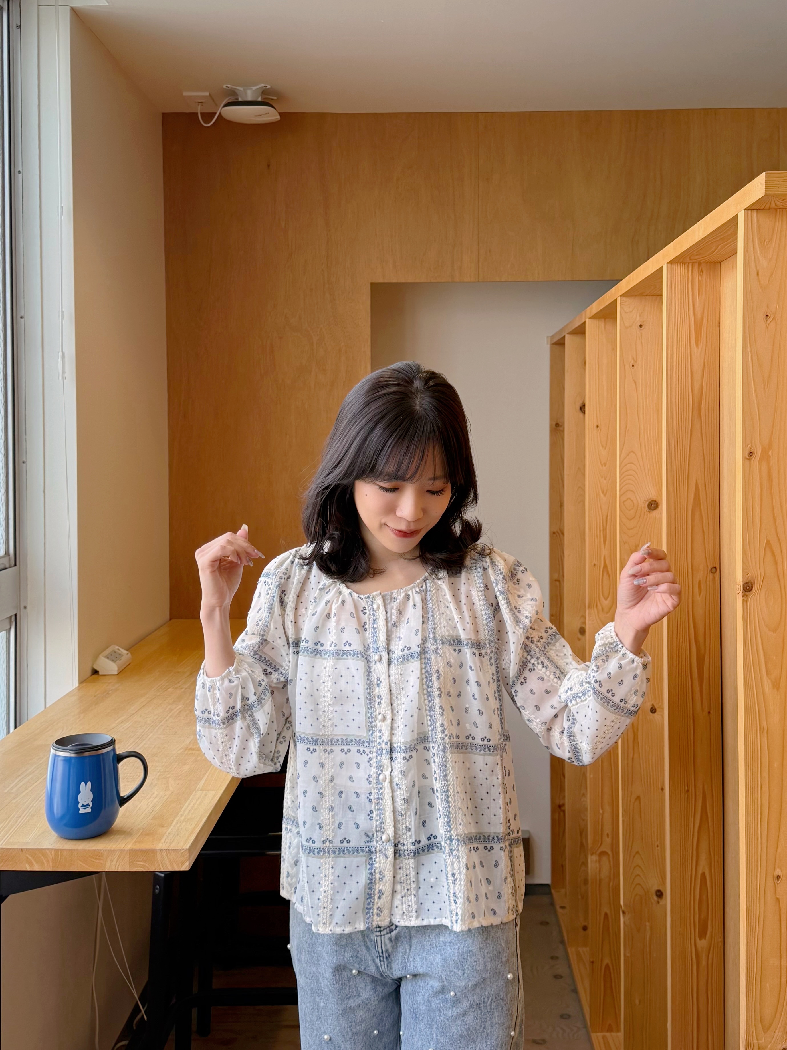 藍白印花8分袖雪紡上衣