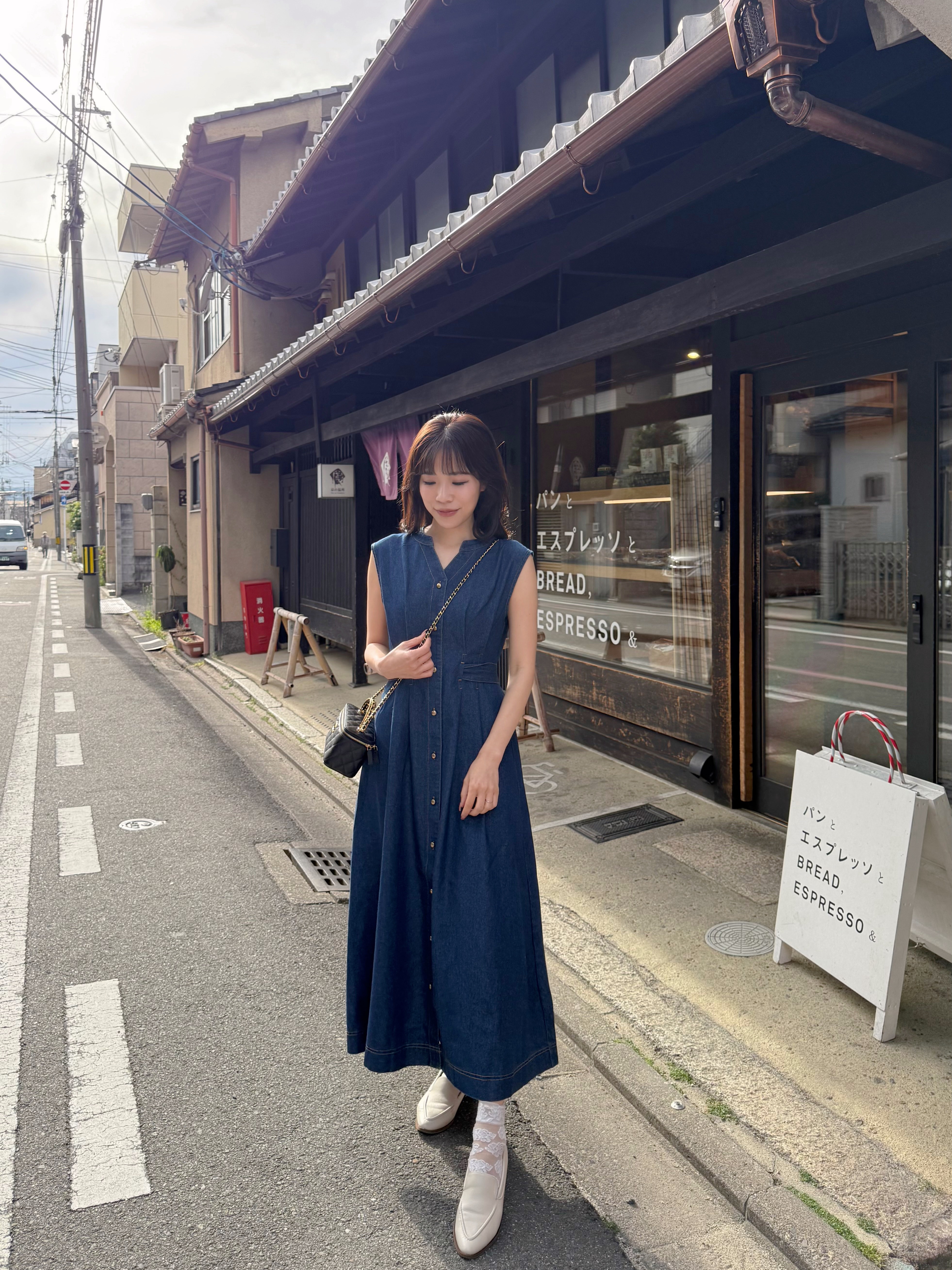 腰帶後蝴蝶結牛仔連身裙
