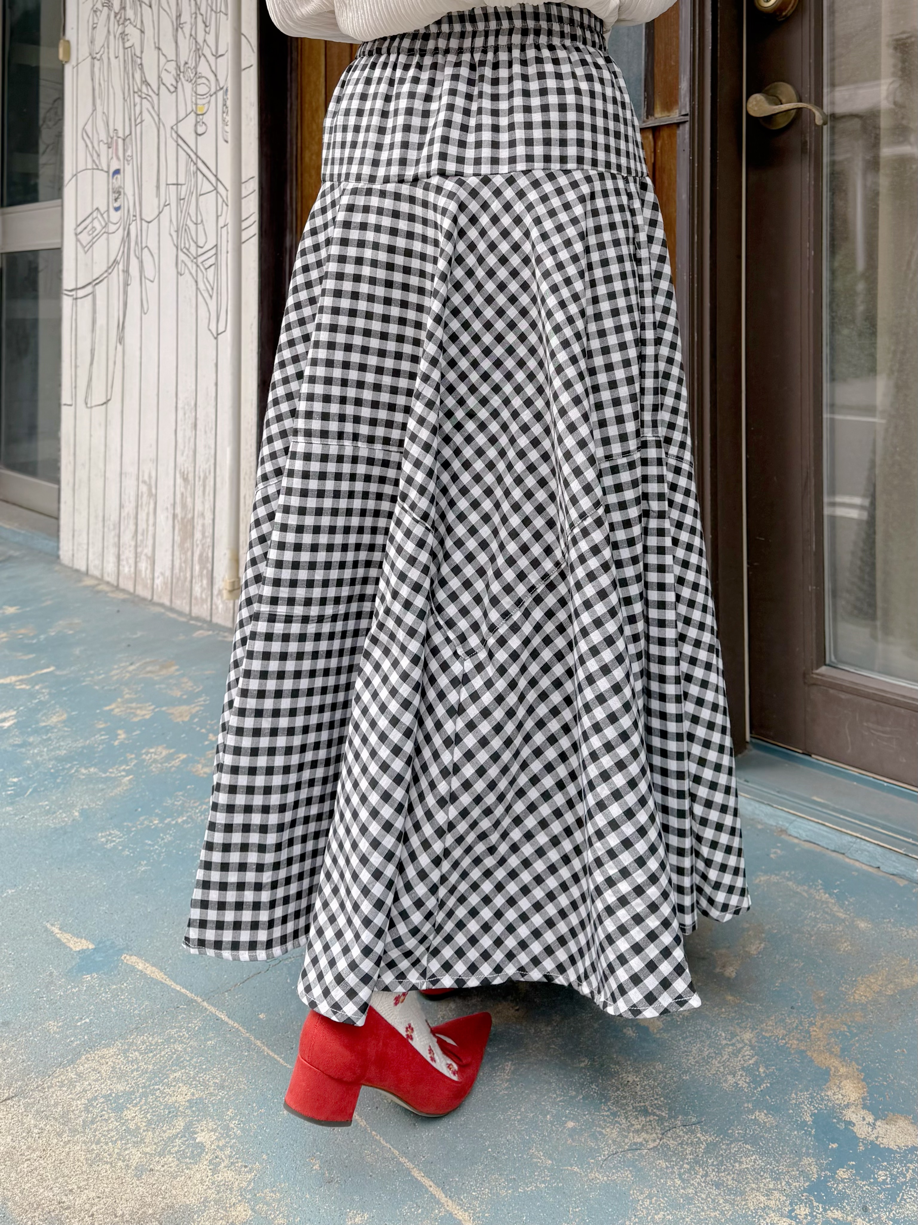 格仔不規則車線A line長款半身裙