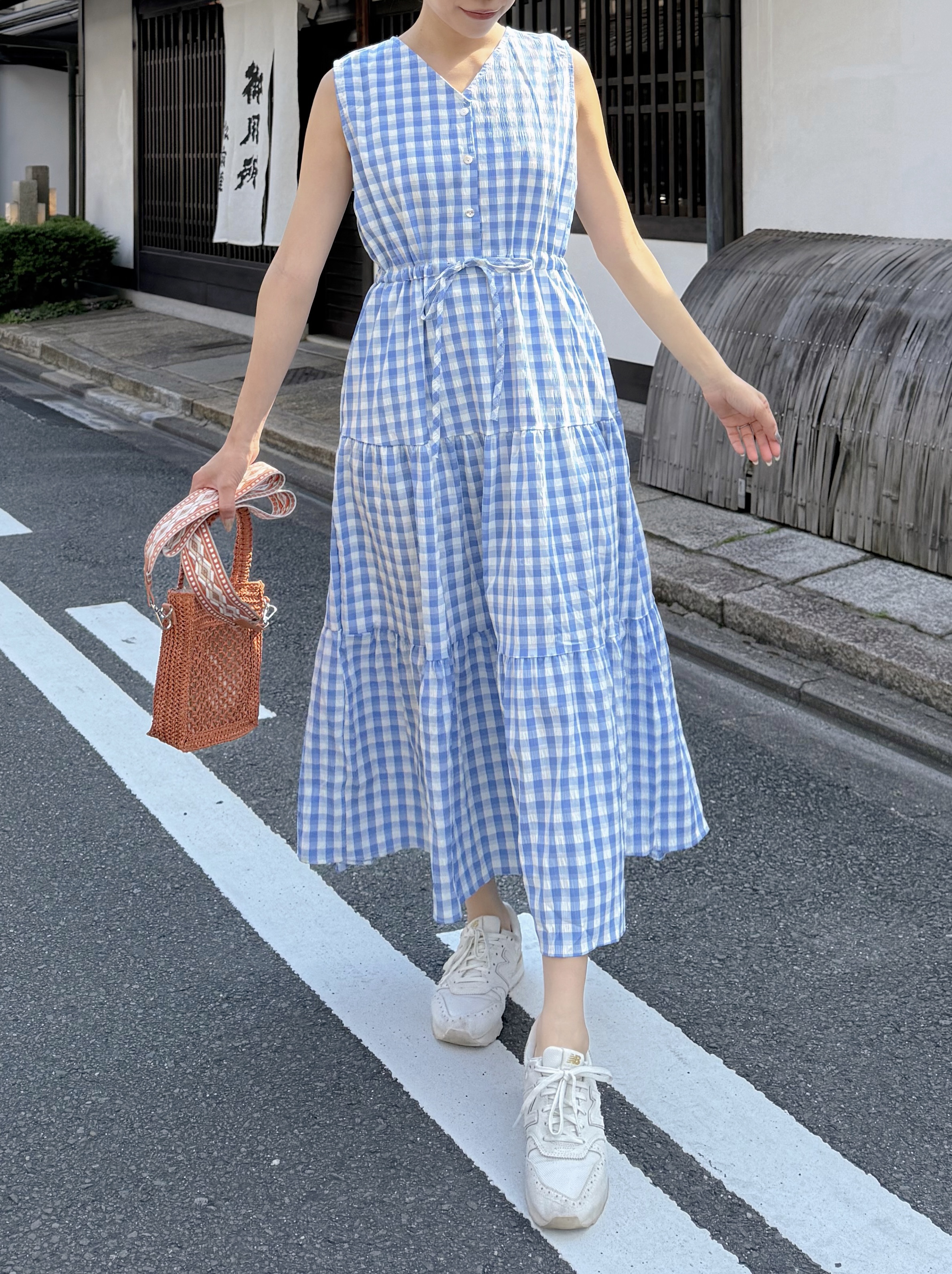 V領格仔背心雪紡連身裙