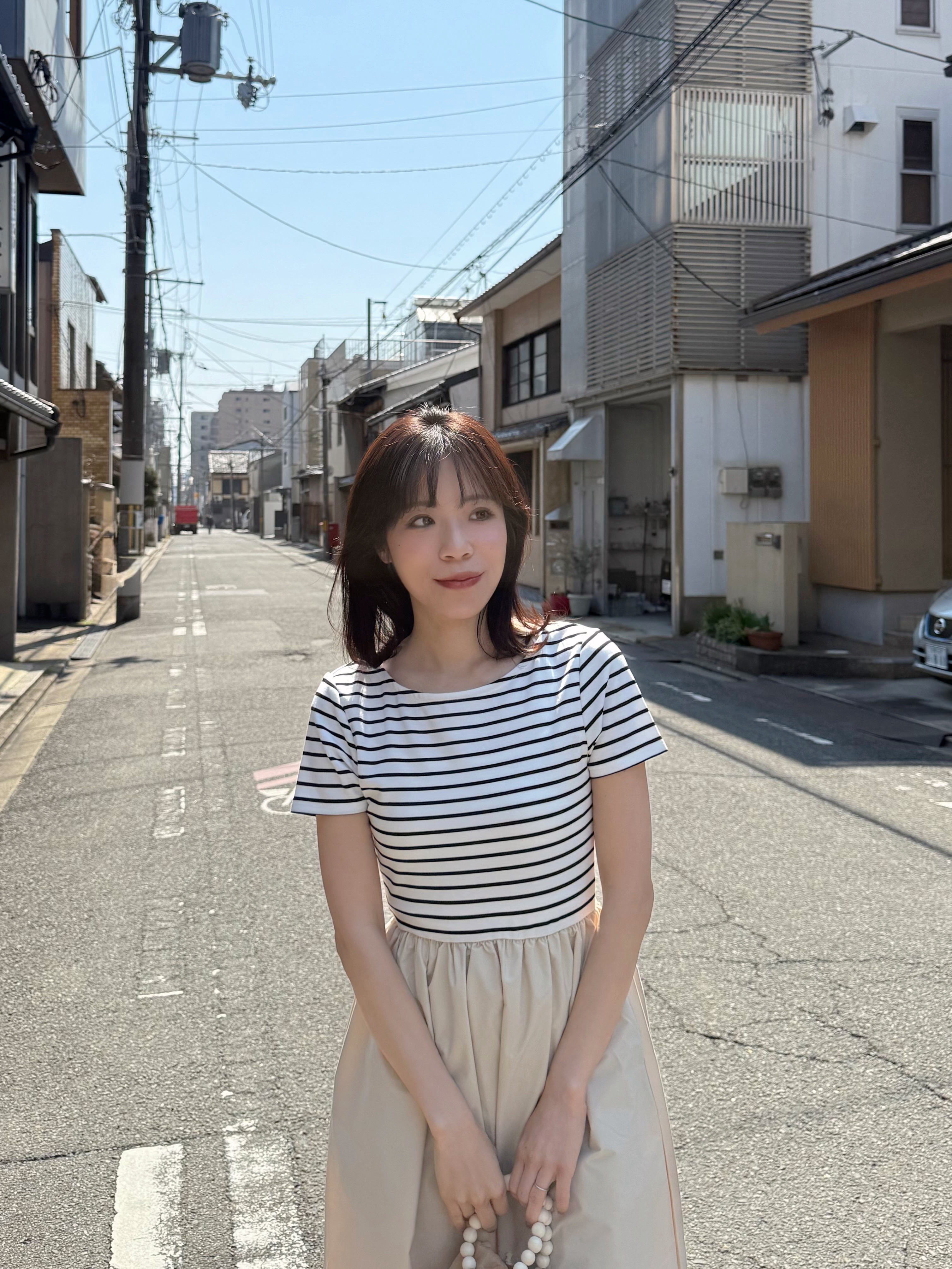 間條拼色修腰A line連身裙