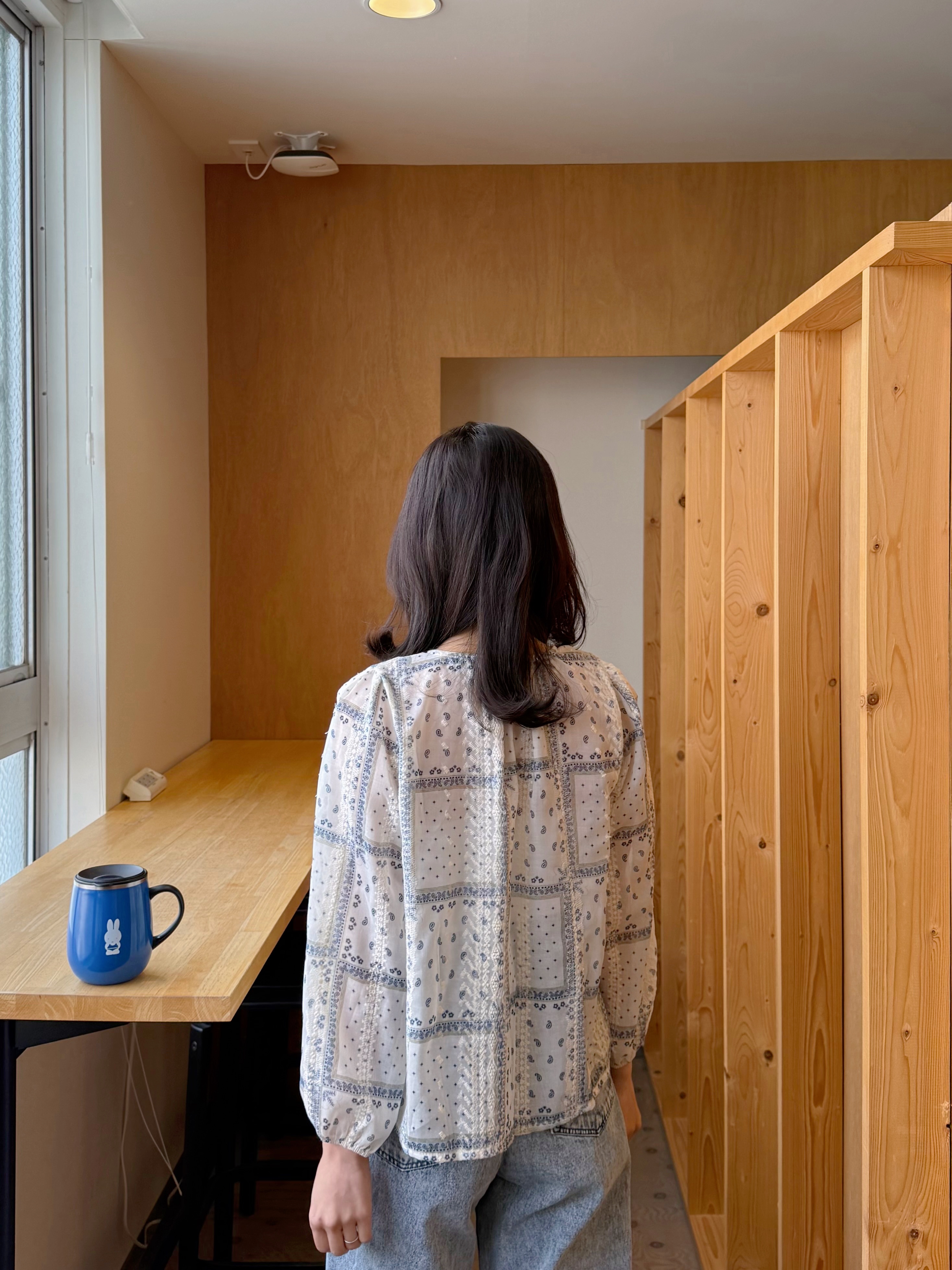 藍白印花8分袖雪紡上衣