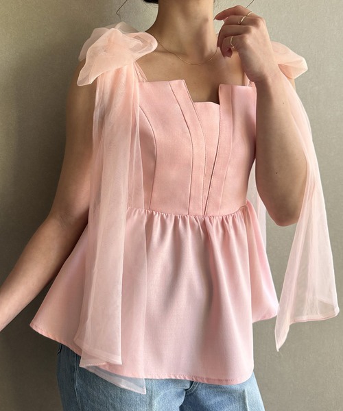 紗蝴蝶結肩帶背心