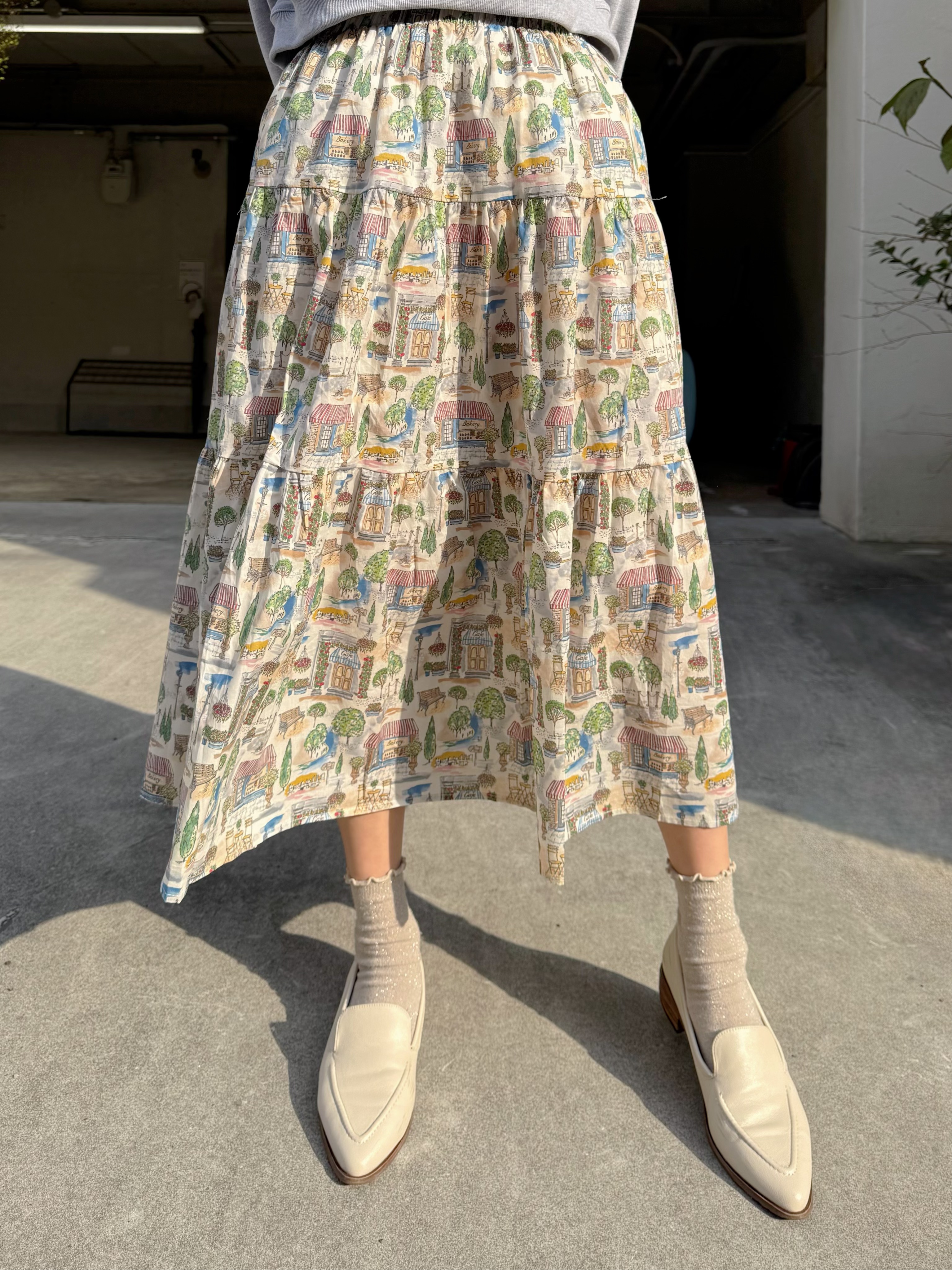 水彩風巴黎咖啡店印花綿質半身裙