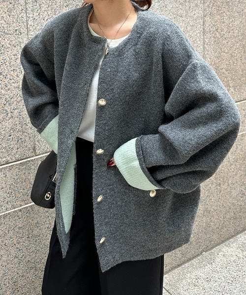 拼色金扣中長款針織外套