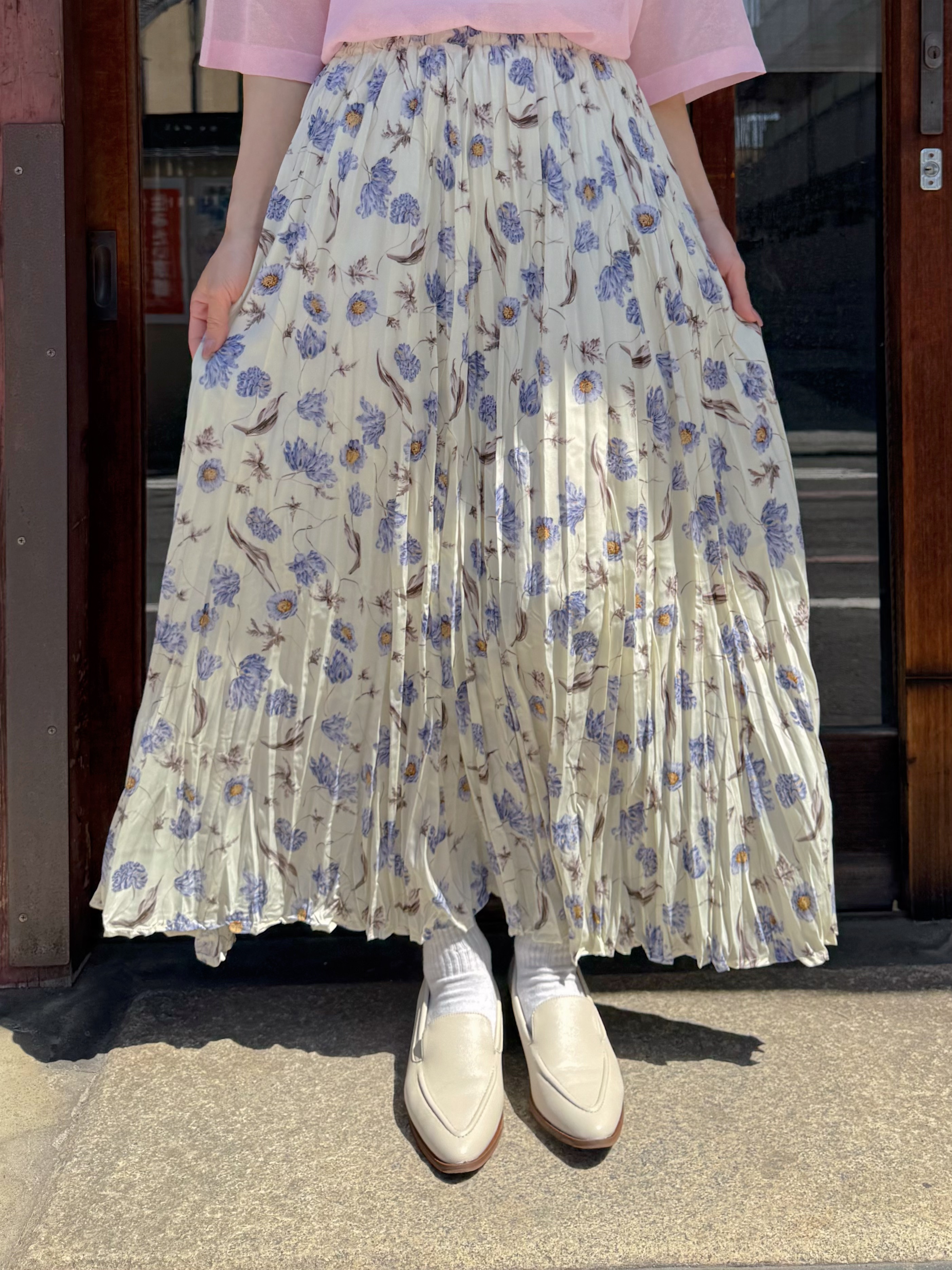 紫花百褶雪紡半身裙