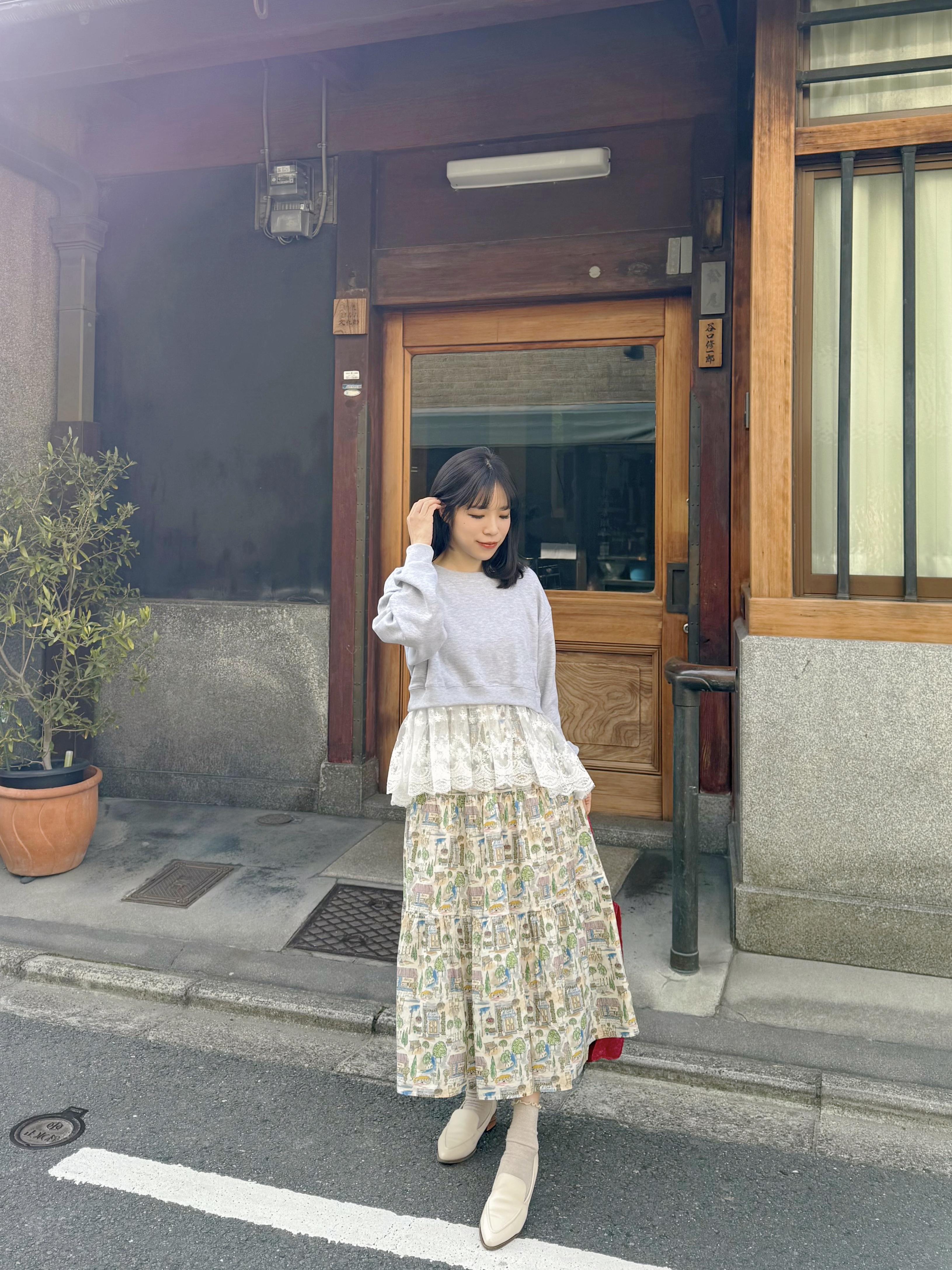 水彩風巴黎咖啡店印花綿質半身裙