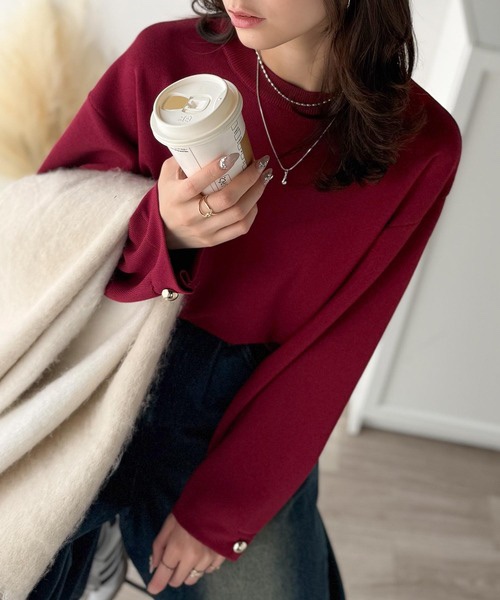 6色•金扣手袖防起毛粒針織上衣