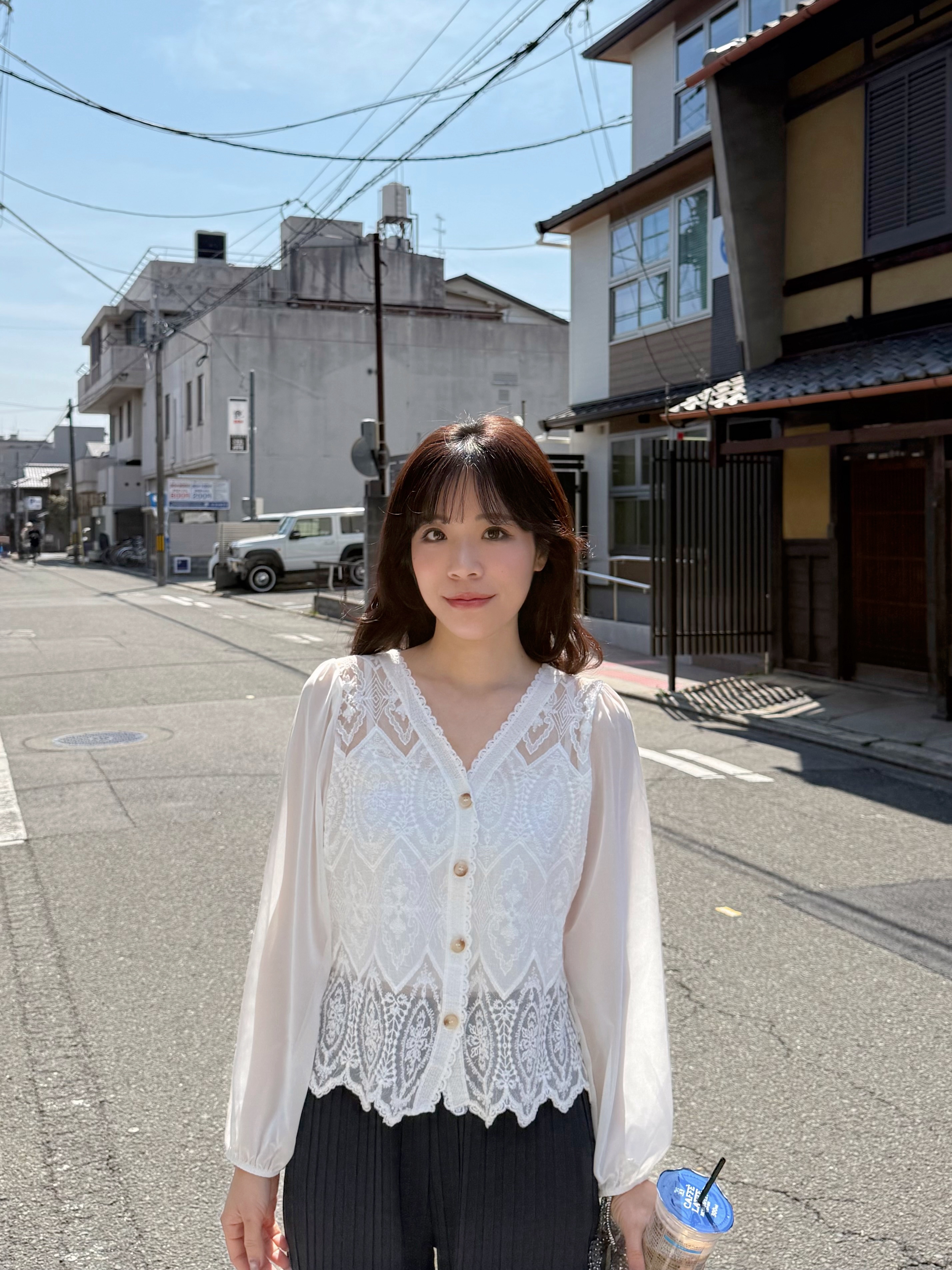 V領蕾絲雪紡袖外套上衣