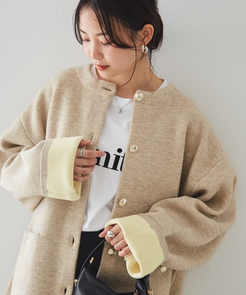 拼色金扣中長款針織外套