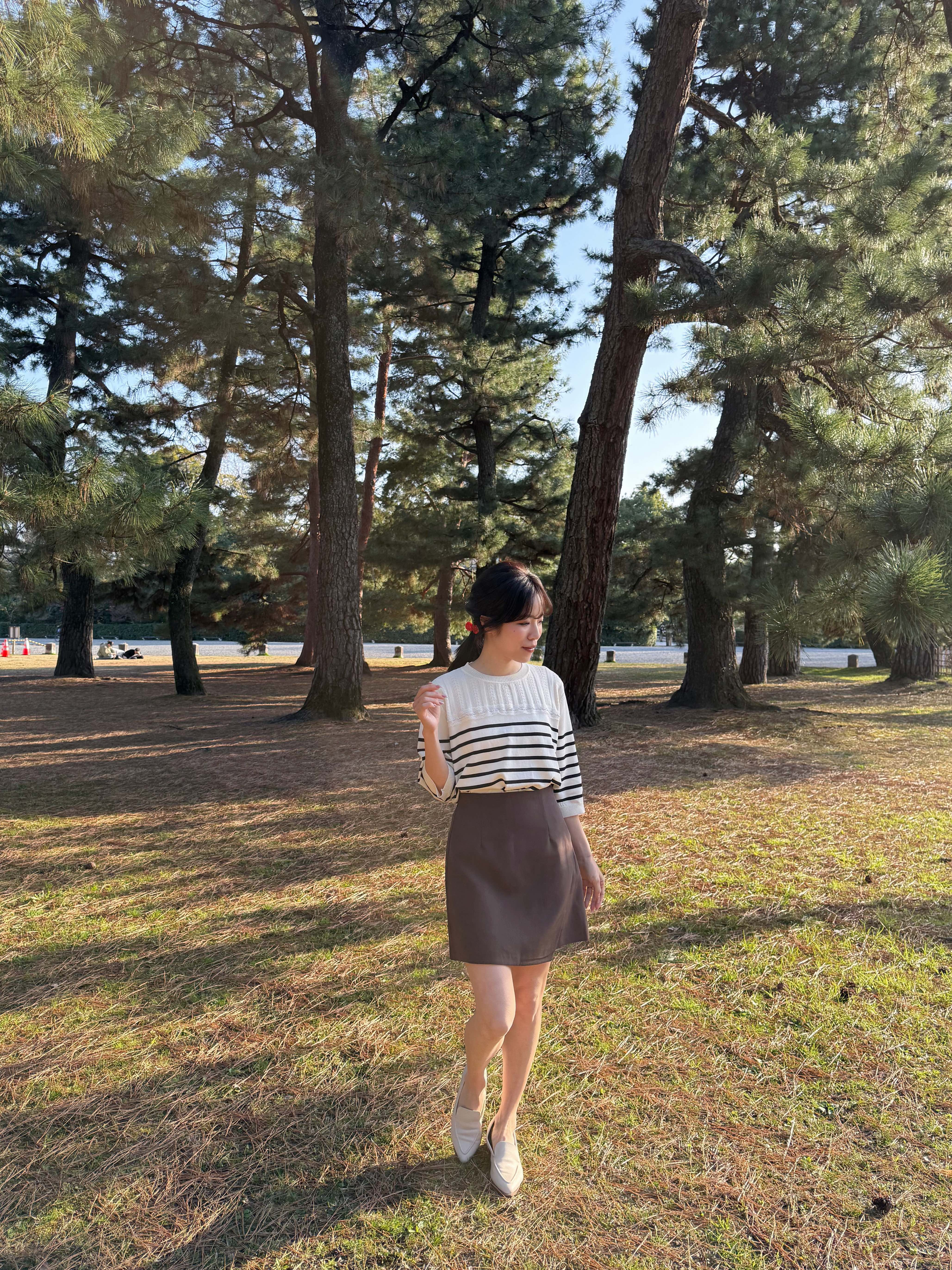 間條蕾絲邊7分袖薄款針織上衣