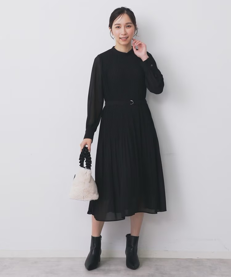 3色•百褶腰帶雪紡連身裙