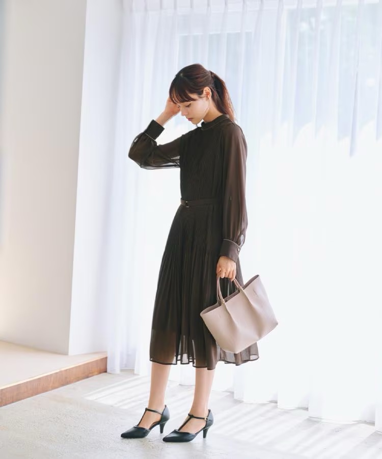 3色•百褶腰帶雪紡連身裙