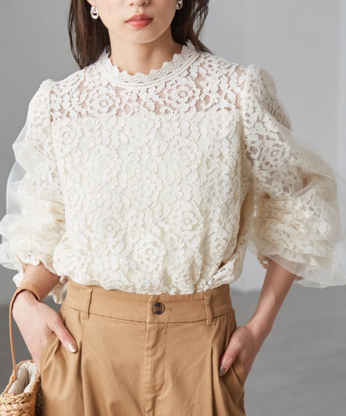 紗紗泡泡袖蕾絲上衣