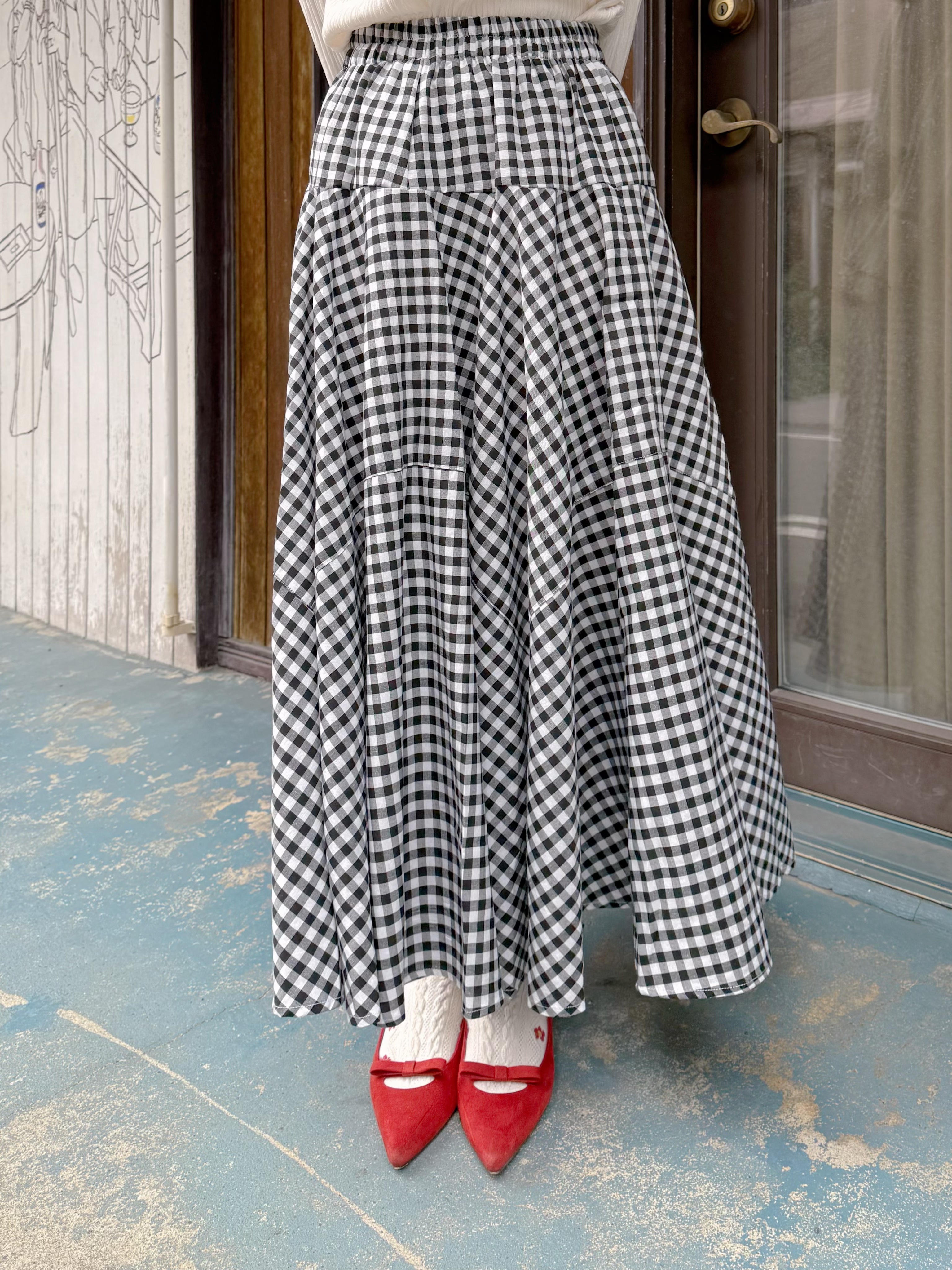 格仔不規則車線A line長款半身裙