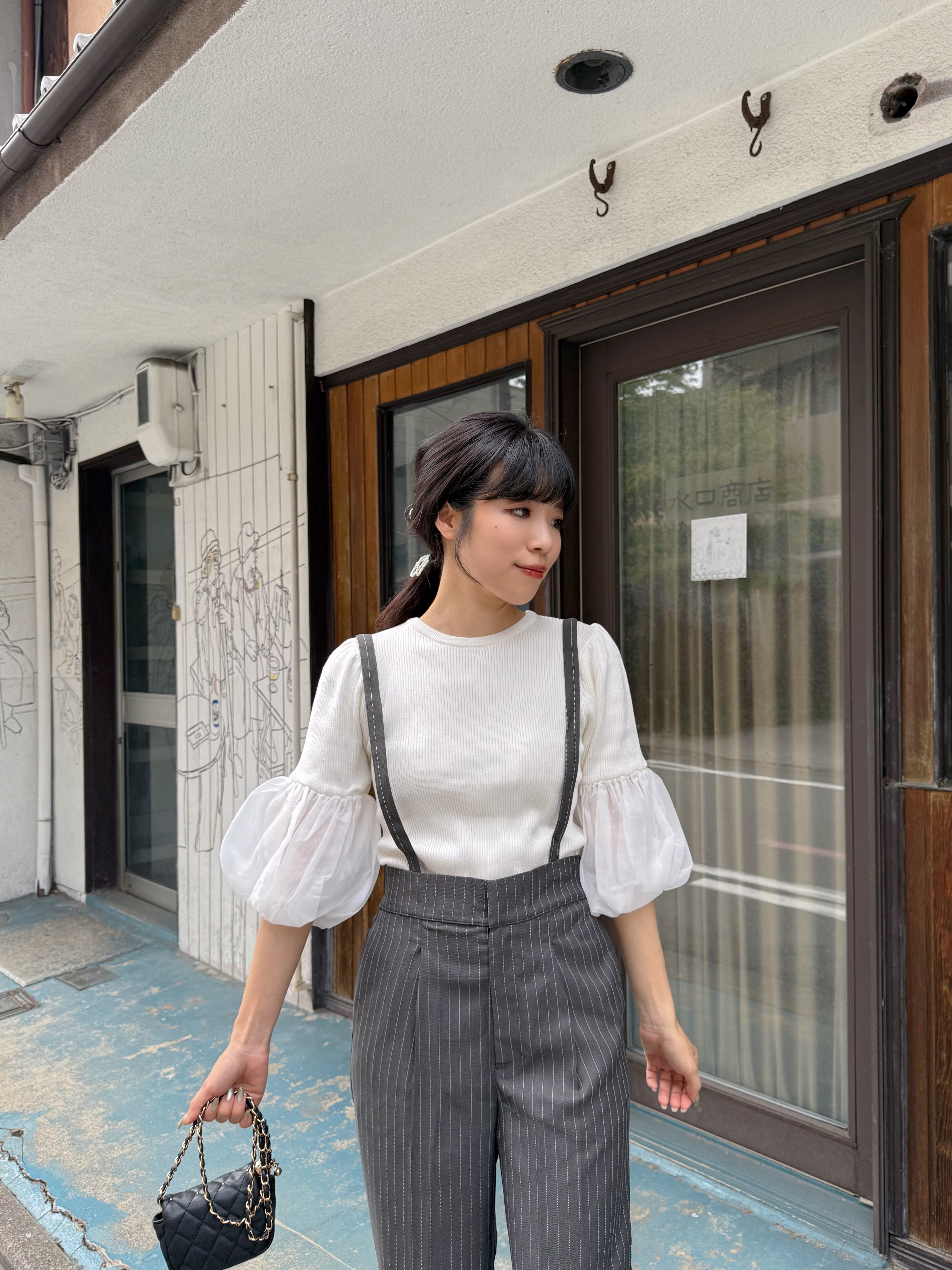 直條紋吊帶長褲