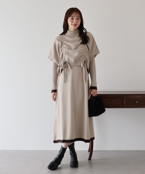11色・M-LONG・側邊綁帶斗篷背心+螺紋針織長洋裝套裝