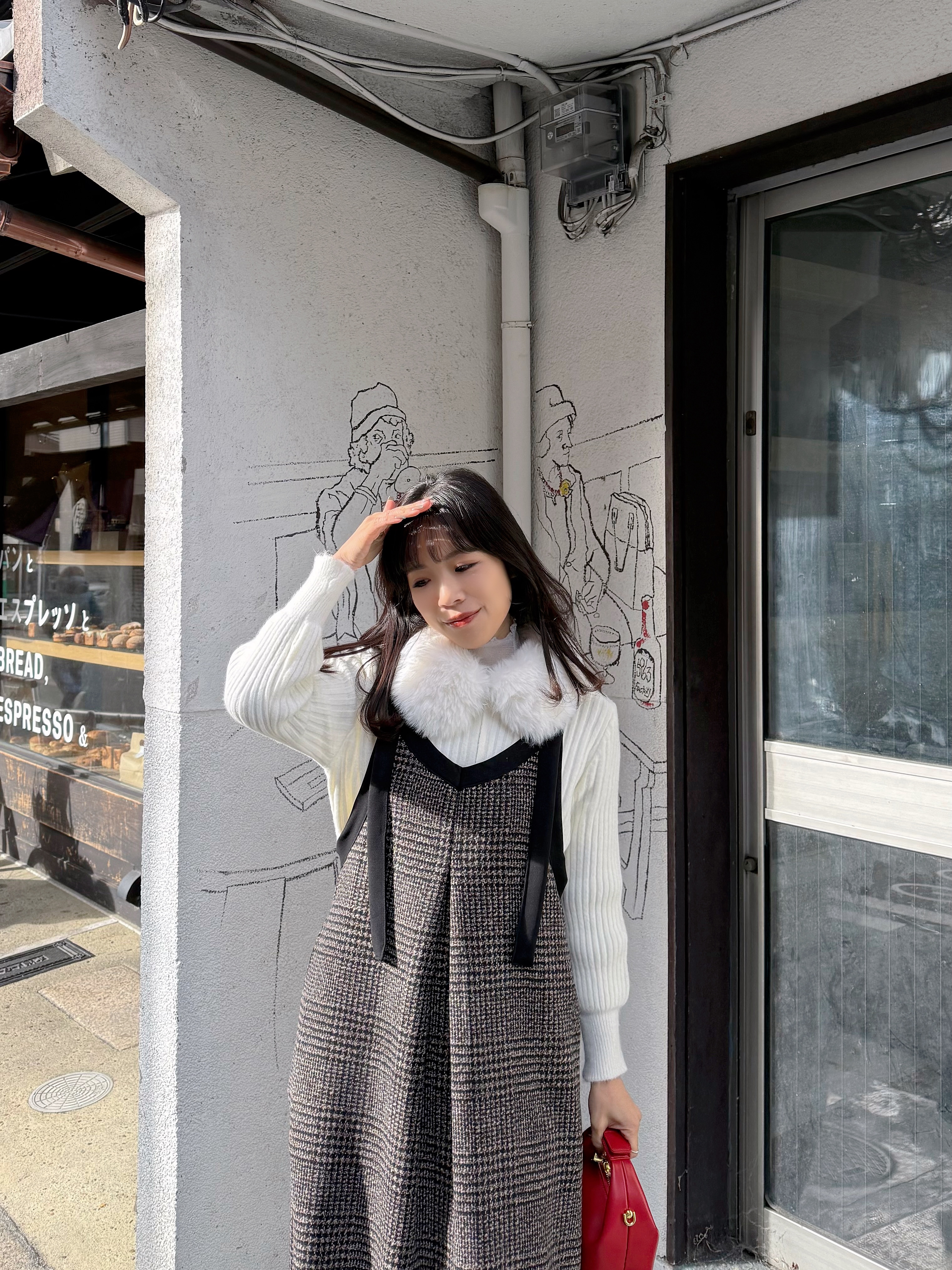 格仔吊帶薄絨有袋連身裙