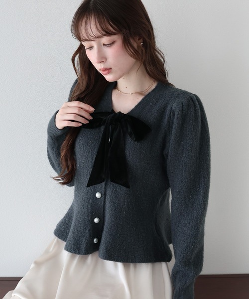 3色•Size M•絲絨蝴蝶結傘擺金線針織外套