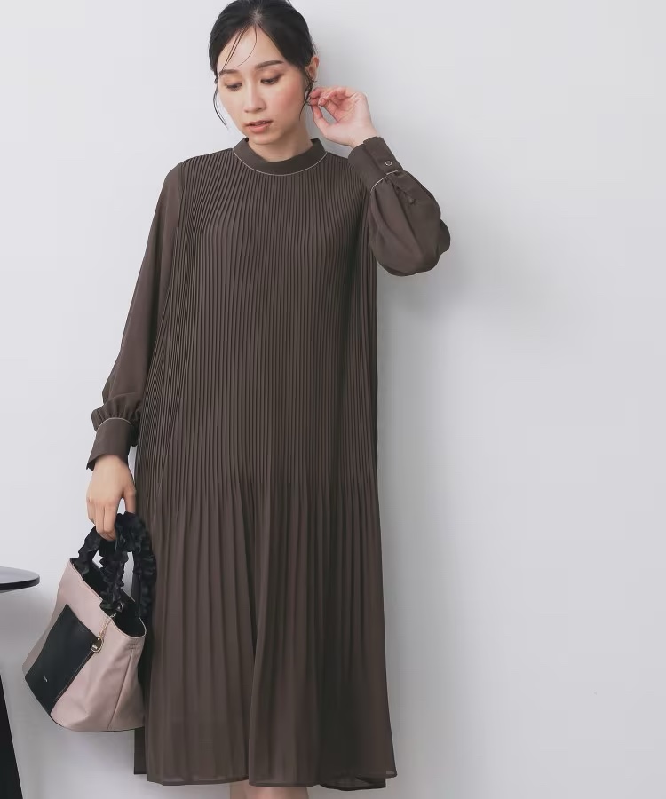 3色•百褶腰帶雪紡連身裙