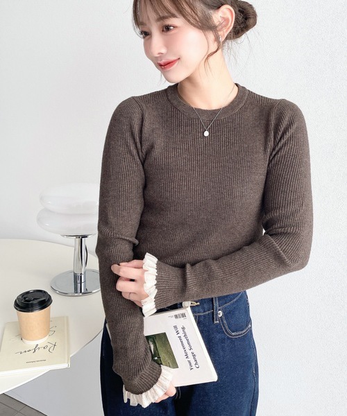 10色•M-L•圓領透紗荷葉袖口羅紋針織上衣