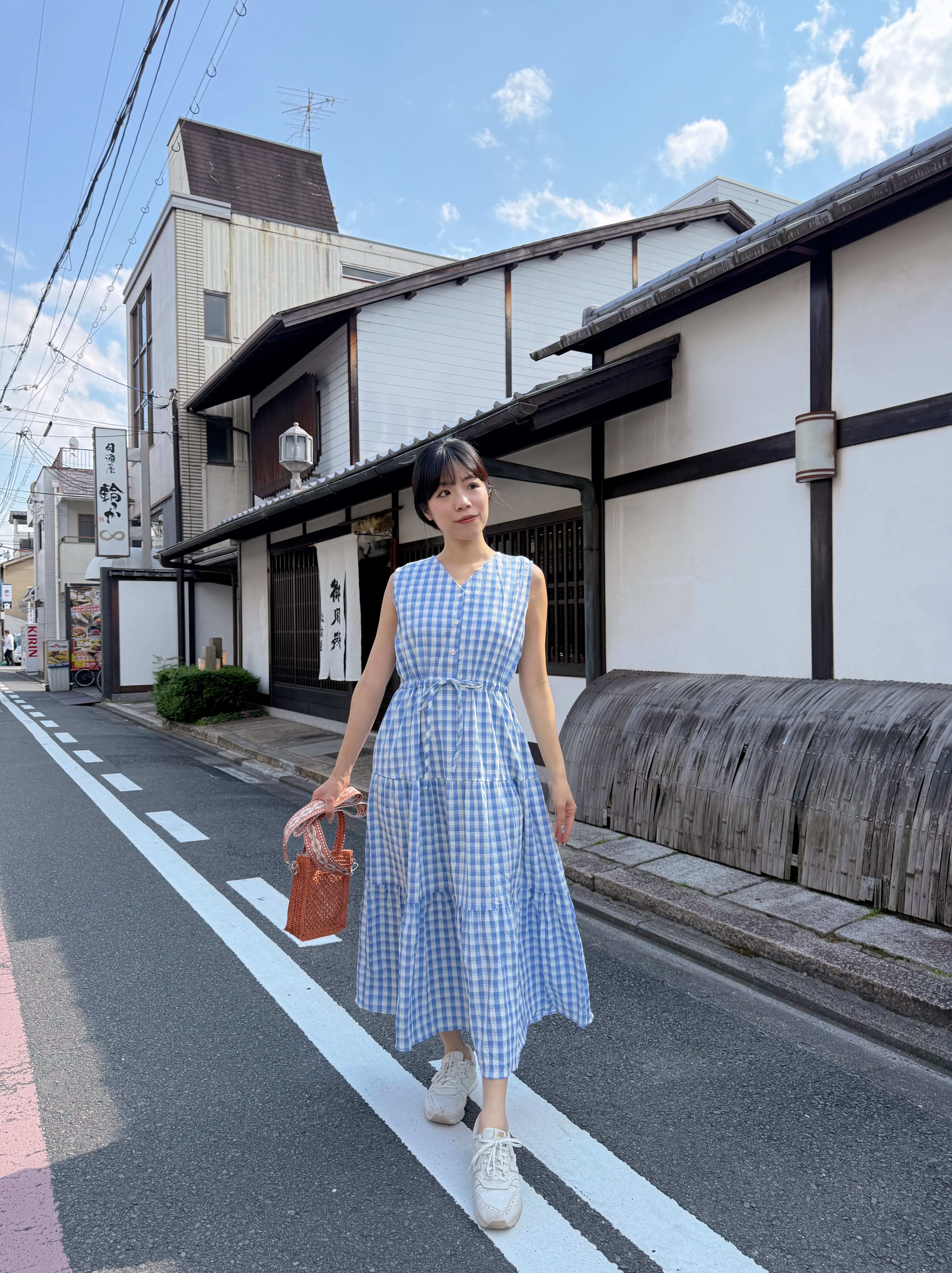 V領格仔背心雪紡連身裙