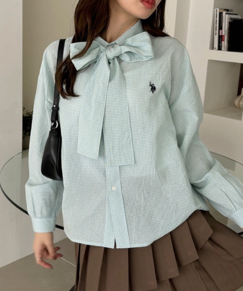 9色•Size F•領結短款泡泡袖襯衫（格紋/素色）