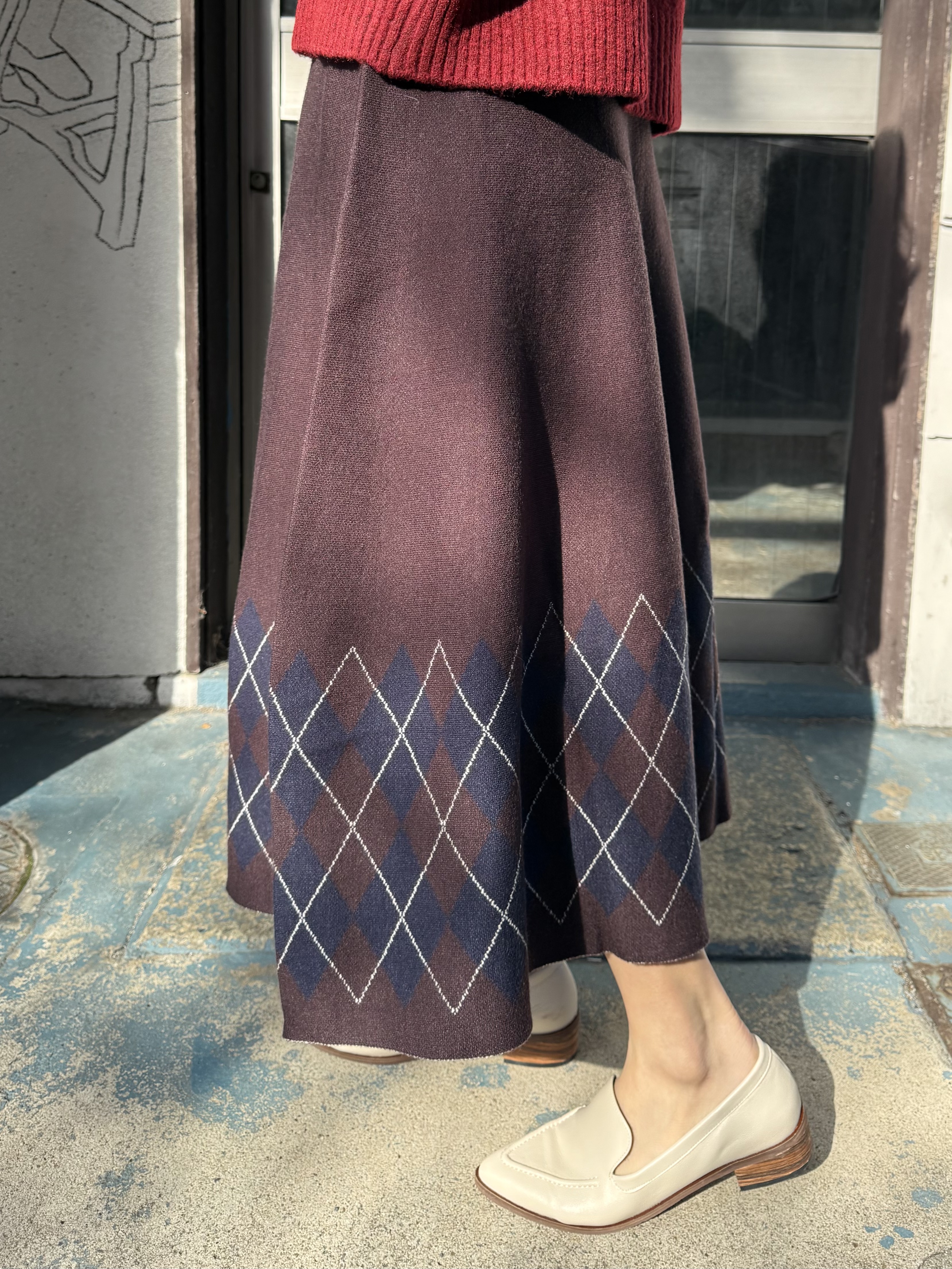 2色•菱格紋針織A字型半身裙