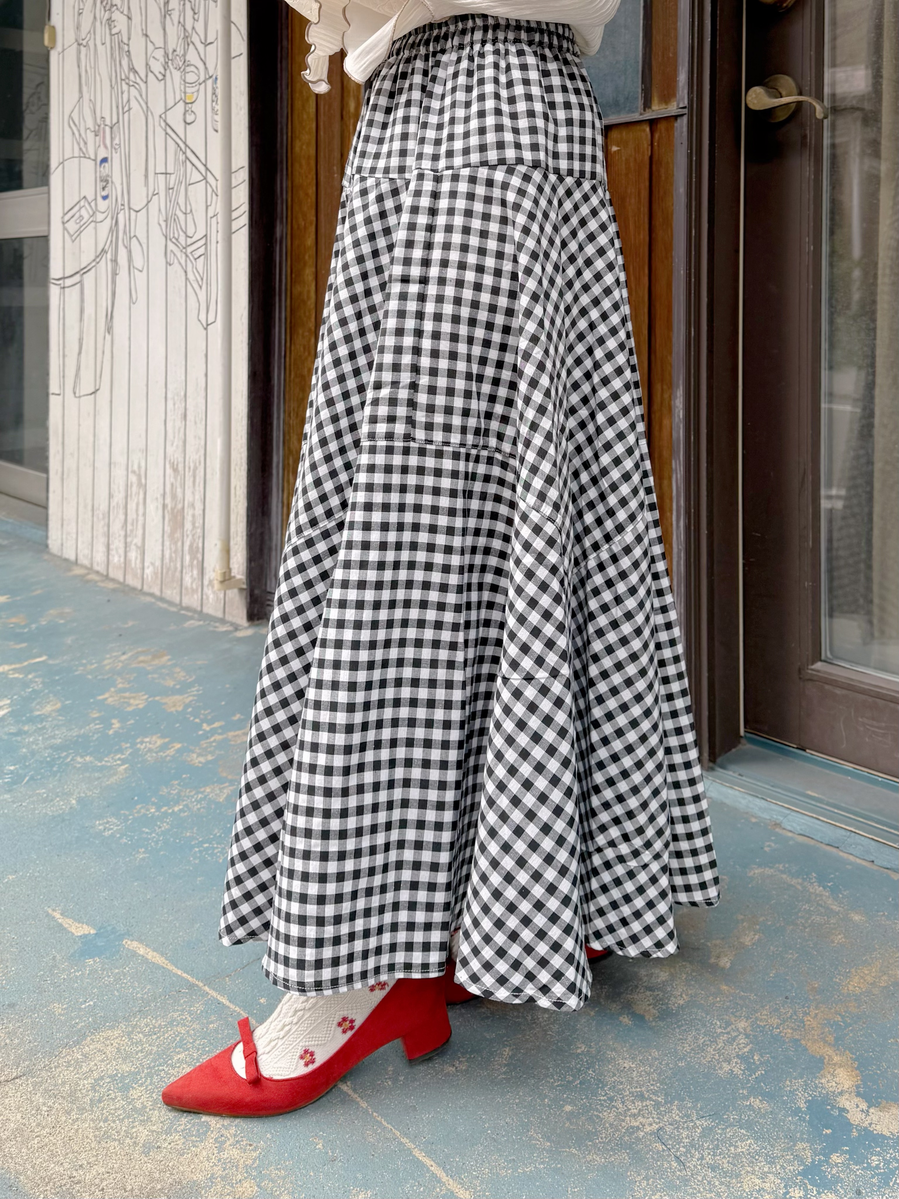 格仔不規則車線A line長款半身裙