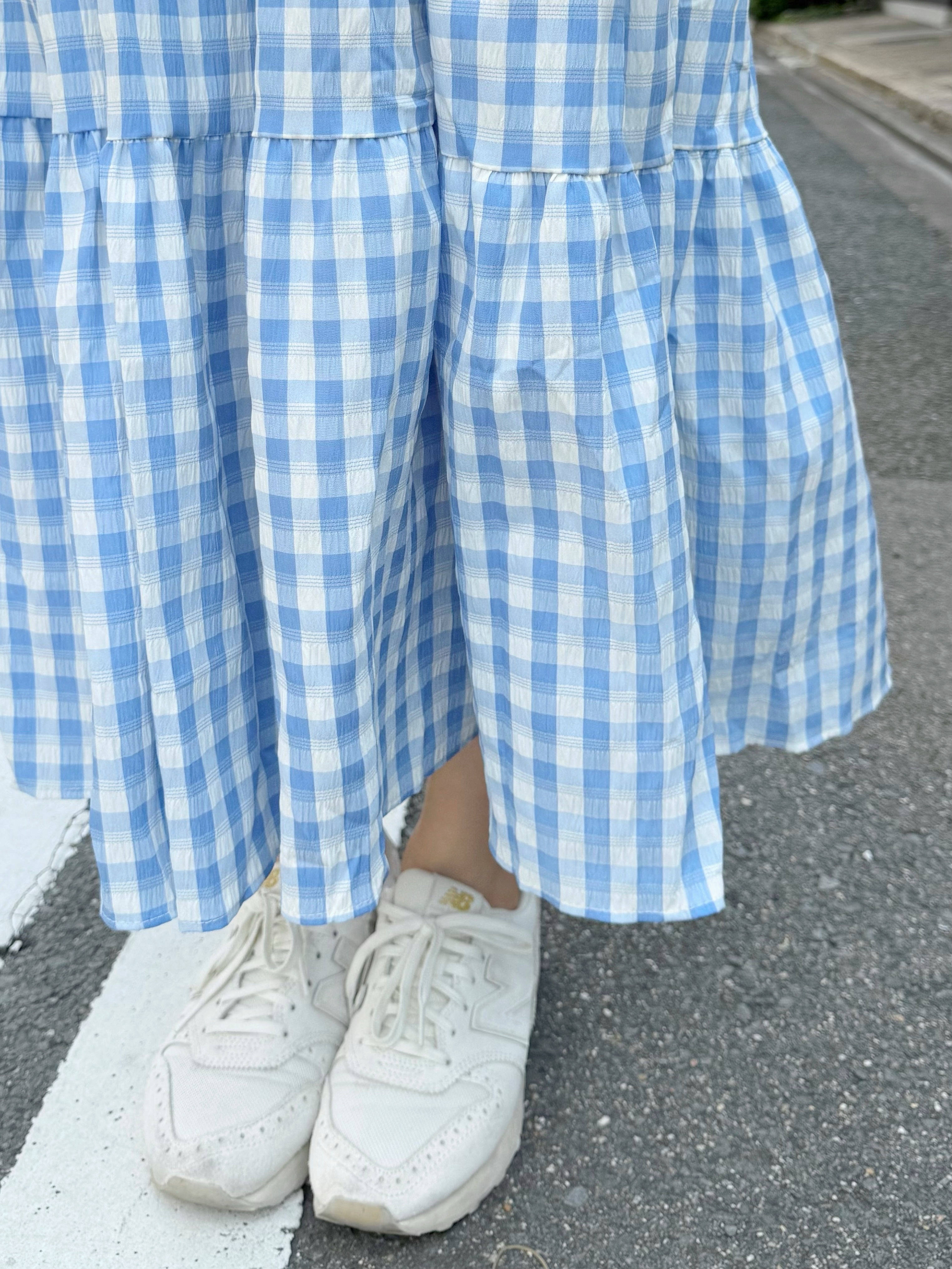 V領格仔背心雪紡連身裙