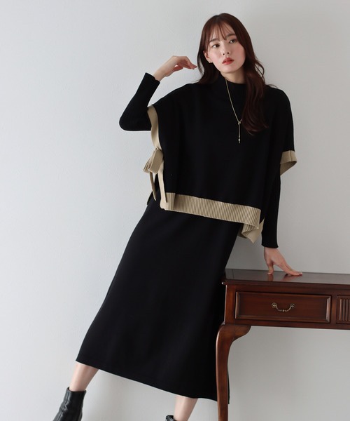 11色・M-LONG・側邊綁帶斗篷背心+螺紋針織長洋裝套裝