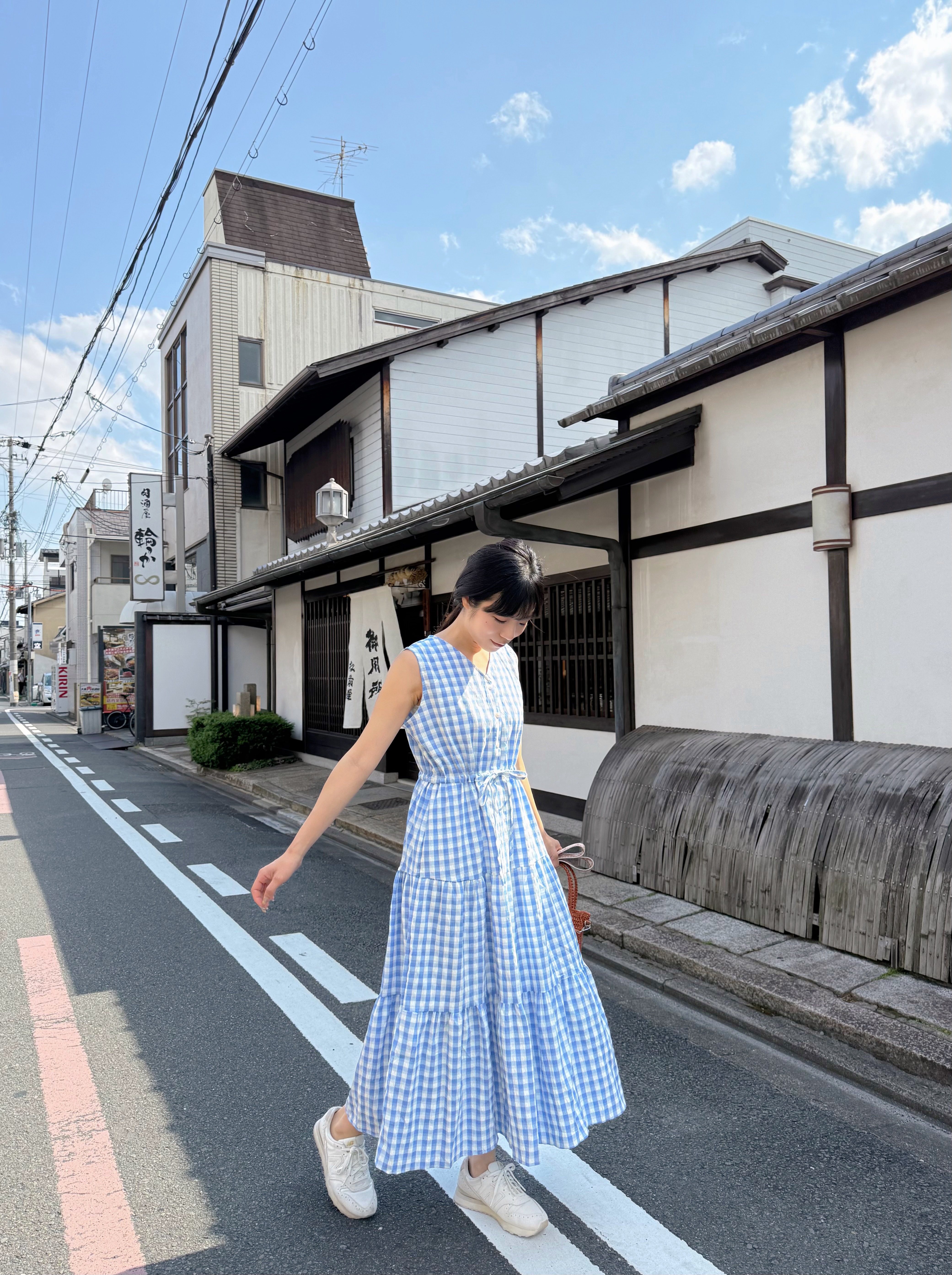 V領格仔背心雪紡連身裙