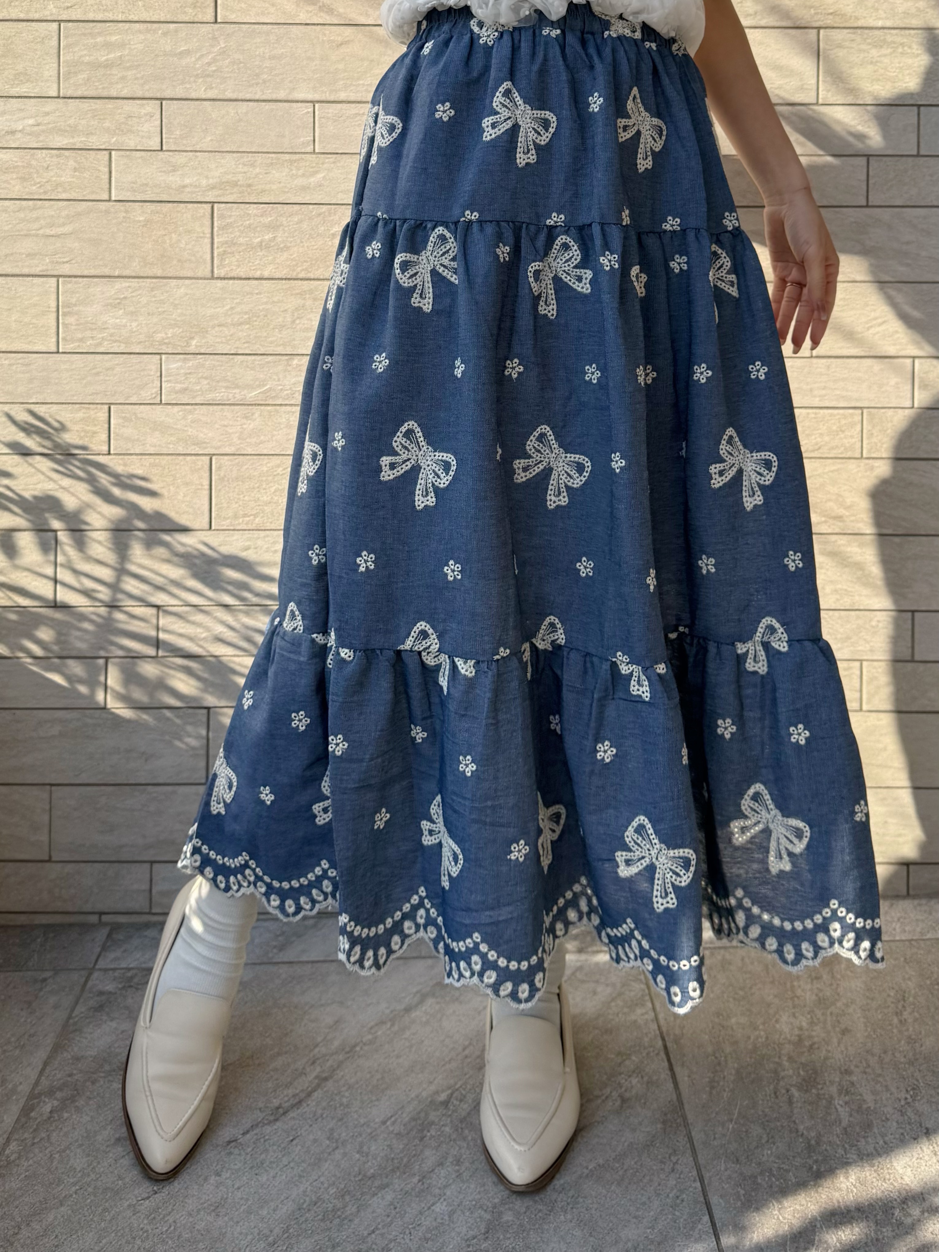 蝴蝶結刺繡綿質半身裙