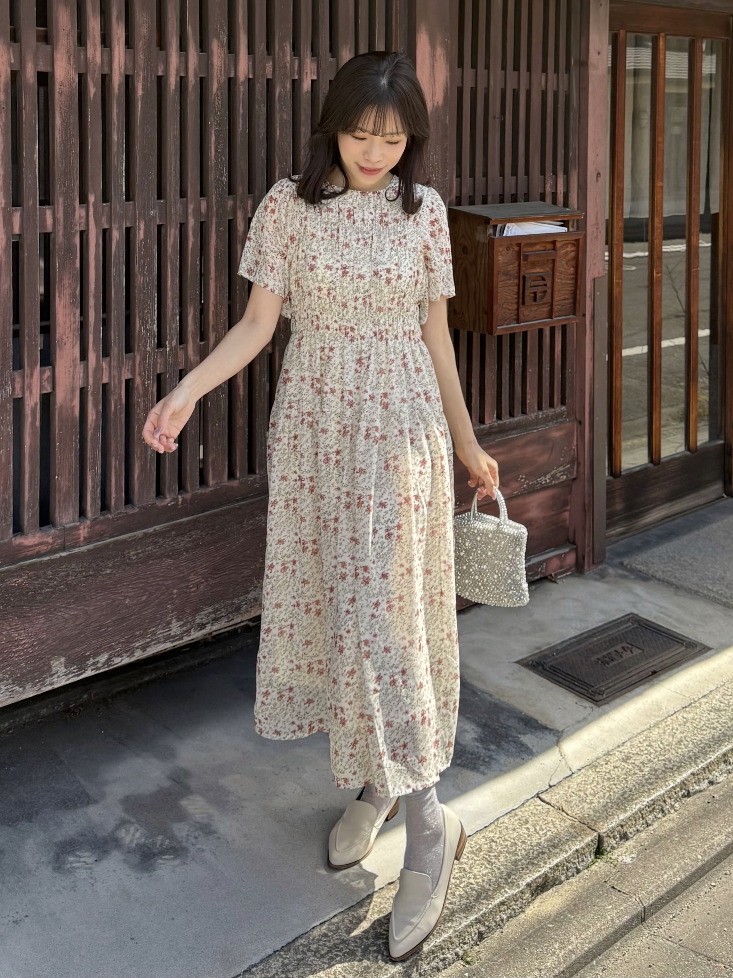 2Way前後傘袖碎花摺摺雪紡連身裙