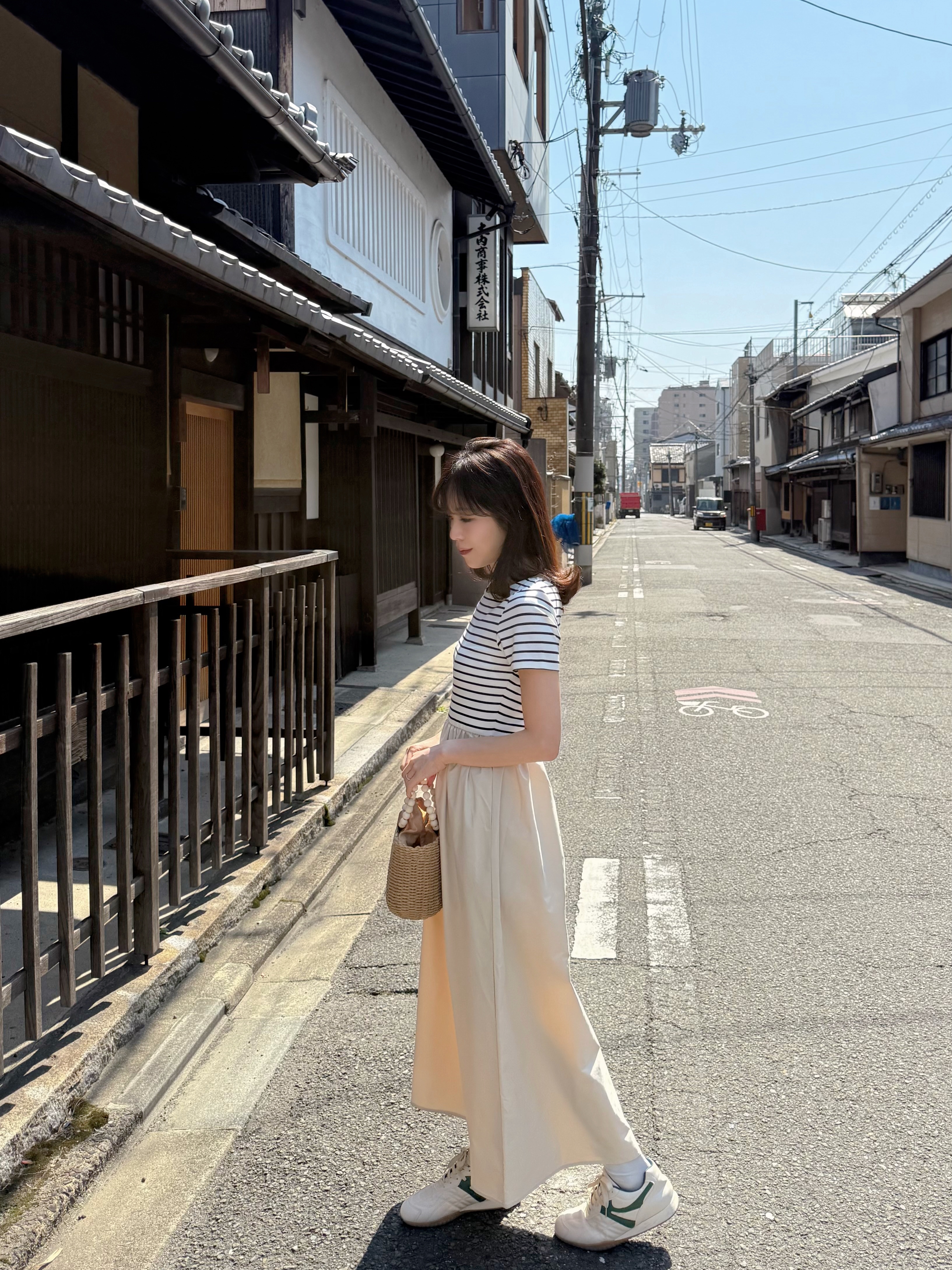 間條拼色修腰A line連身裙