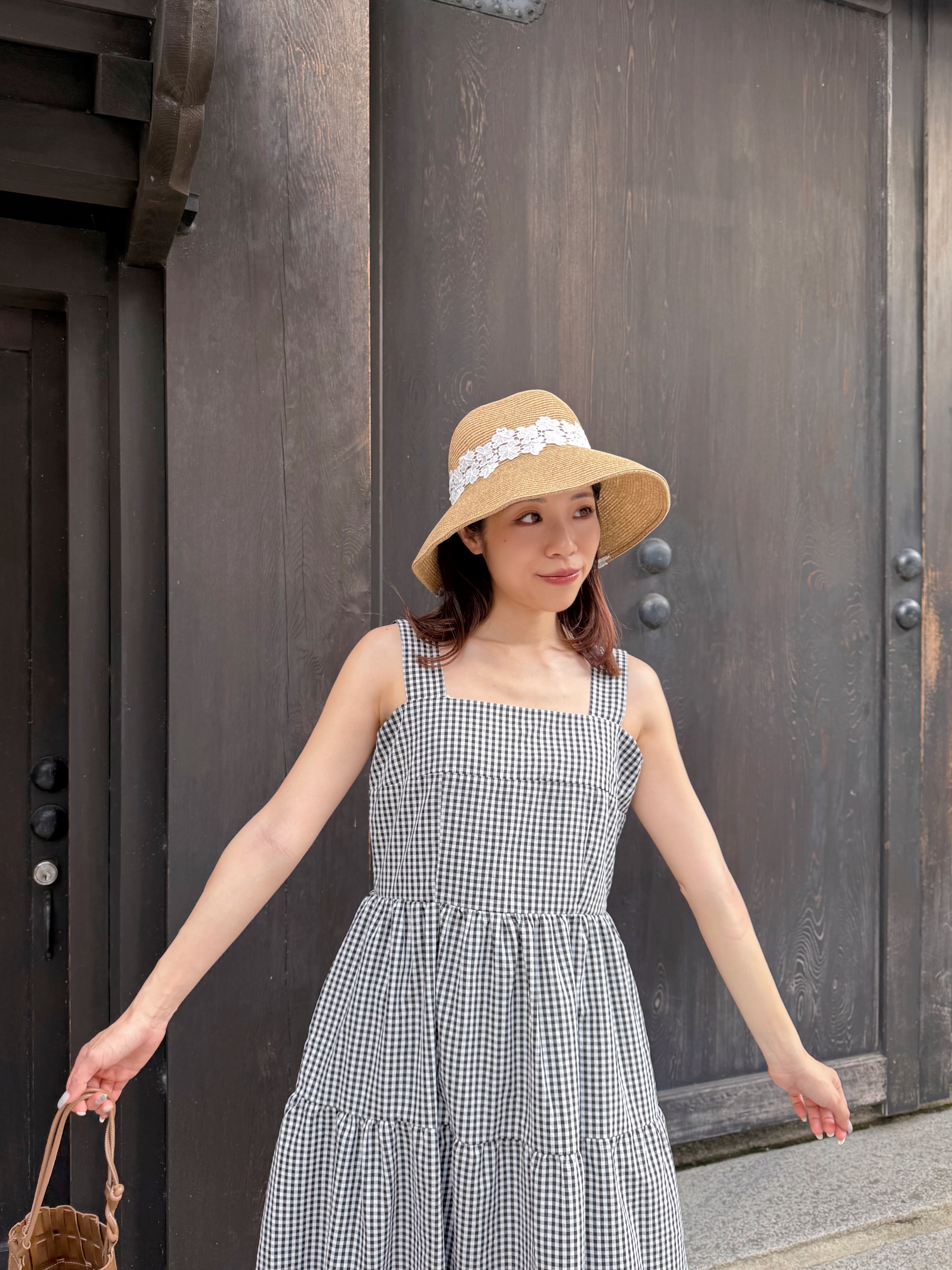 方領格仔背心(有裙袋)連身裙