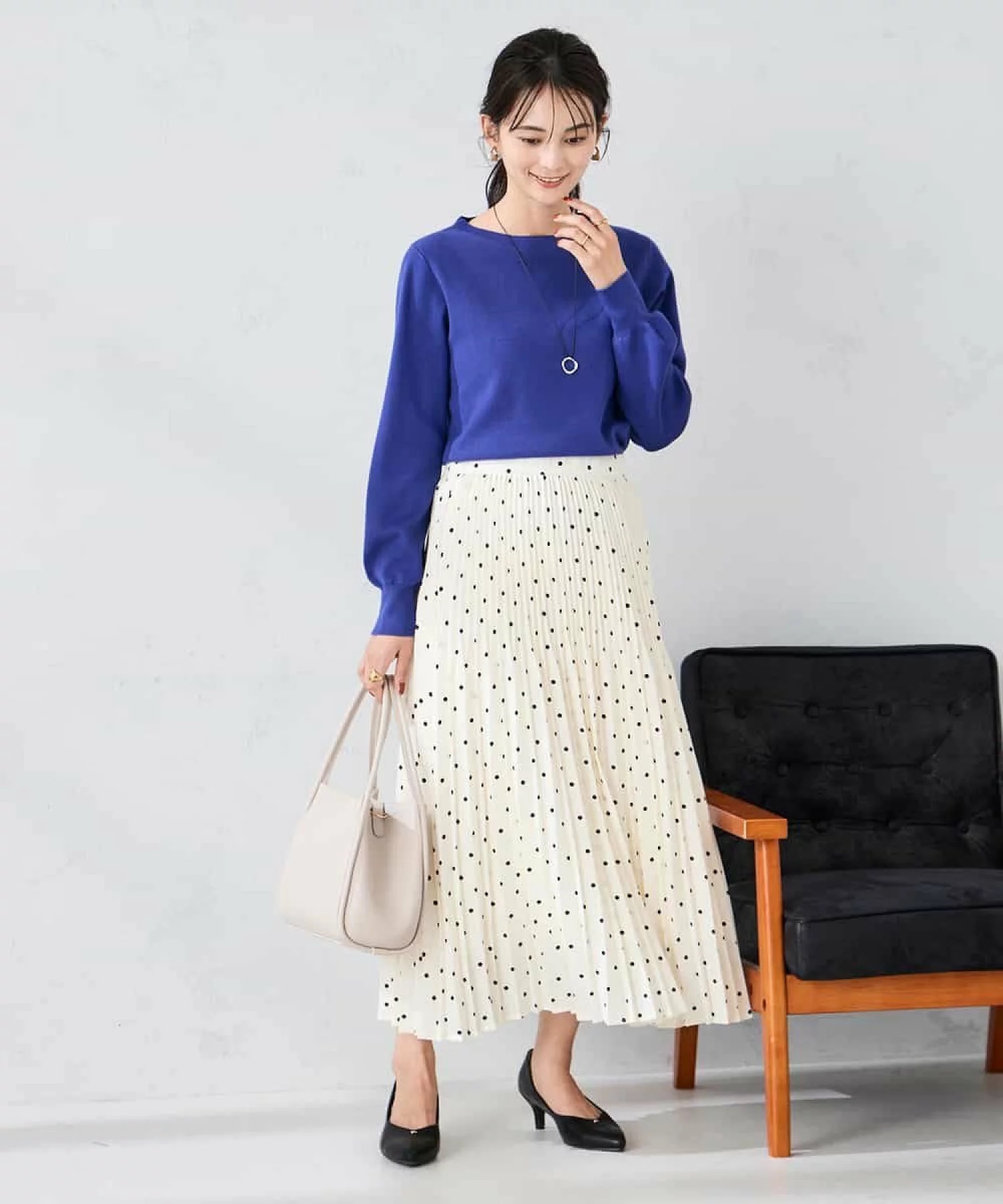 百褶波點雪紡長款半身裙