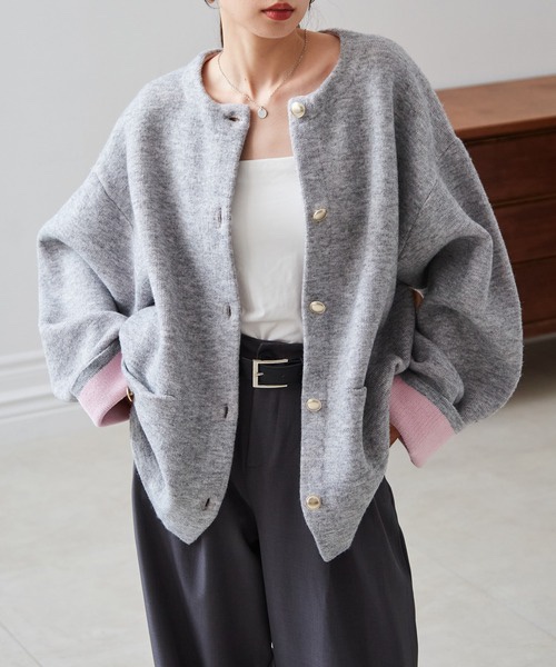 拼色金扣中長款針織外套