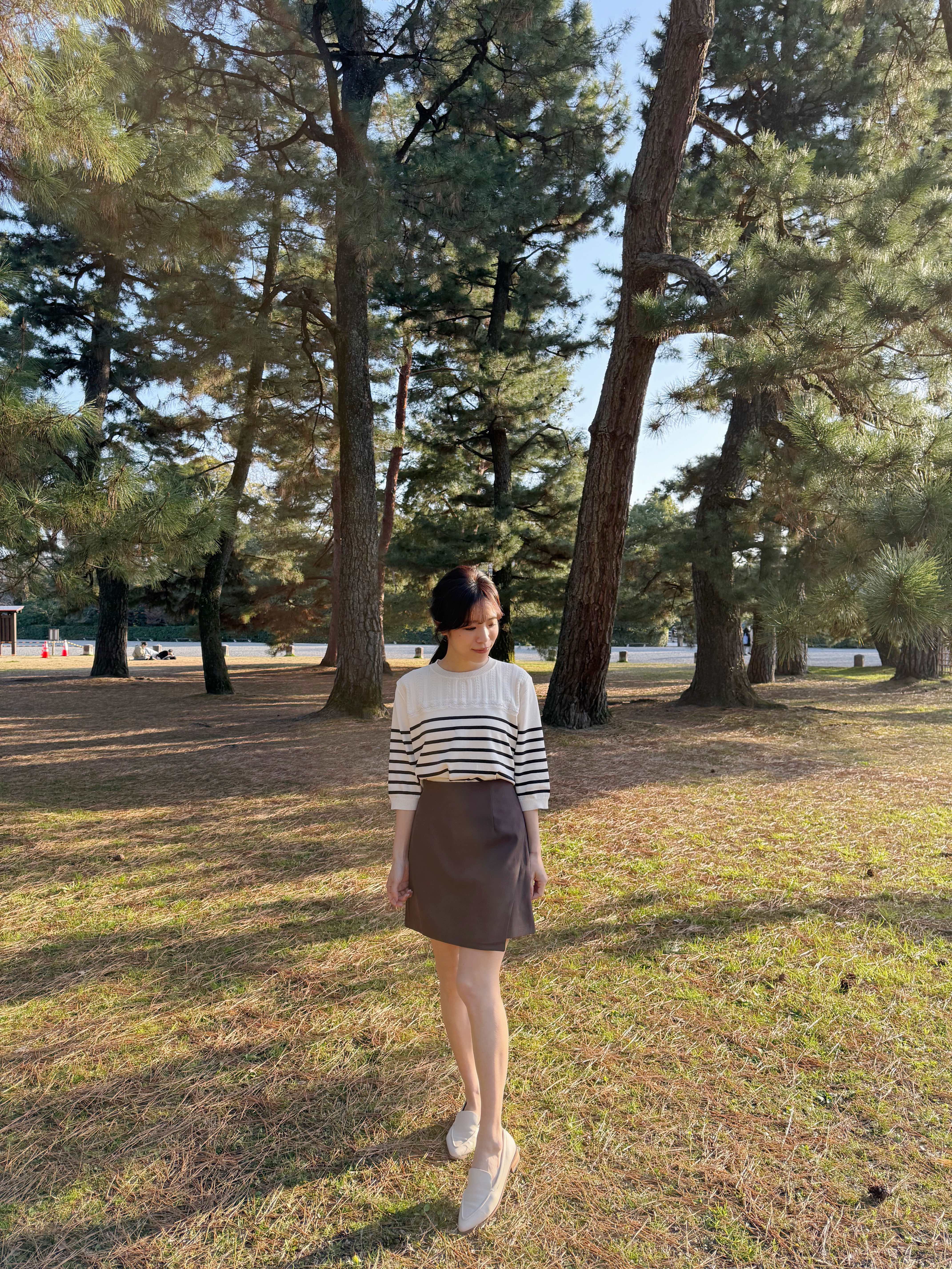 間條蕾絲邊7分袖薄款針織上衣