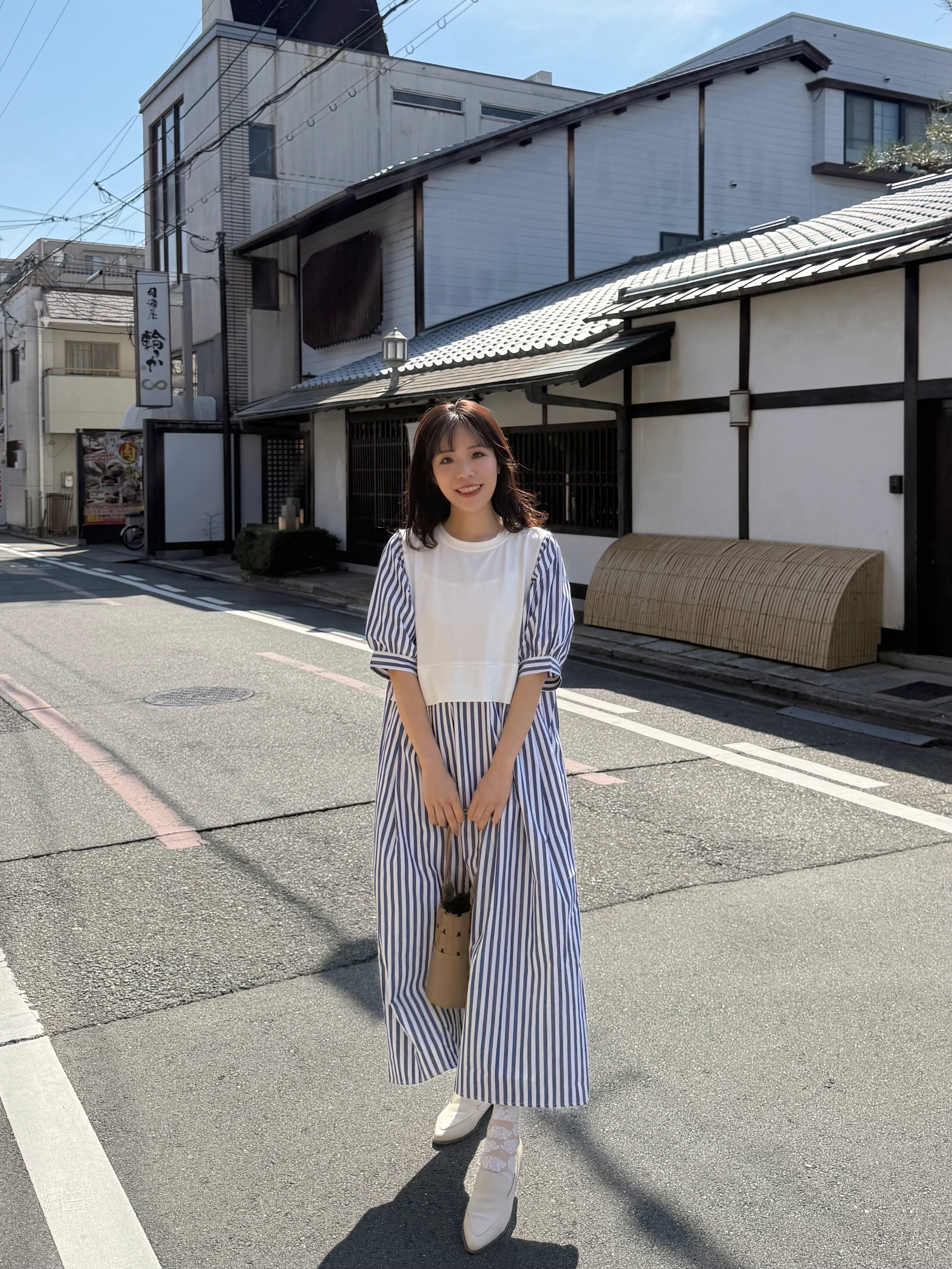 2色•5分袖直條紋拼色布連身裙